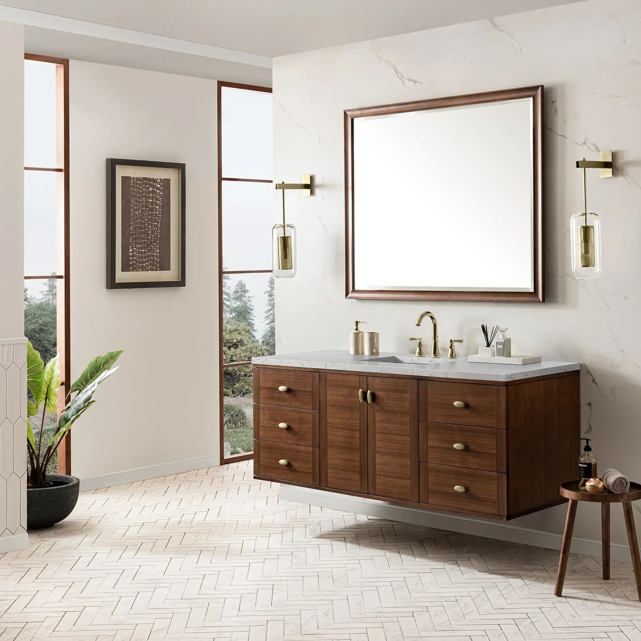 60" Amberly Single Vanity in Mid-Century Walnut Wireless Charger-Eternal Jasmine Pearl Silestone-8" Widespread image 8
