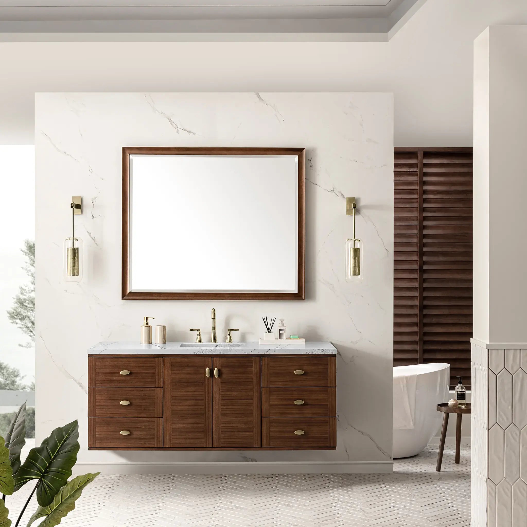 60" Amberly Single Vanity in Mid-Century Walnut Wireless Charger-Ethereal Noctis Silestone-8" Widespread image 6