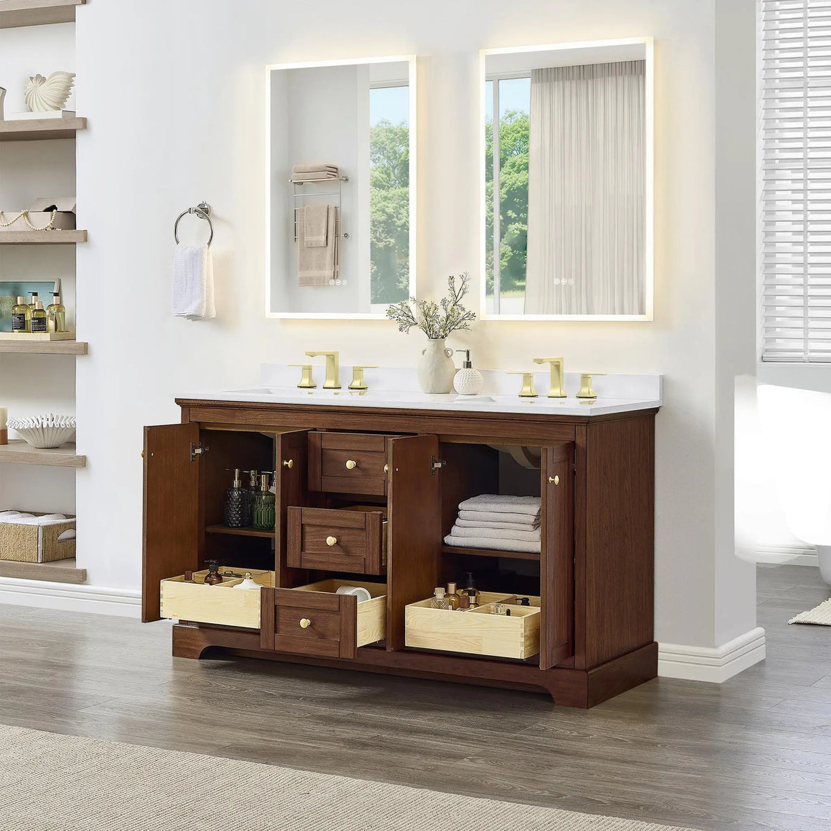 60" Avery Double Bathroom Vanity Dark Walnut Brushed Gold Trim by wyndham View 17
