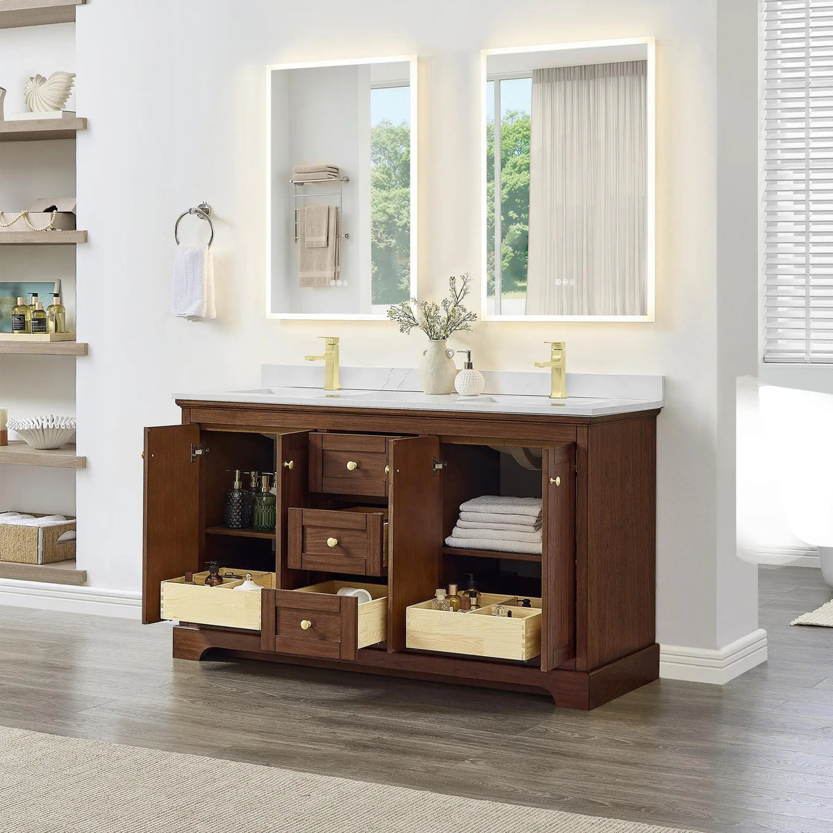 60" Avery Double Bathroom Vanity Dark Walnut Brushed Gold Trim by wyndham View 27