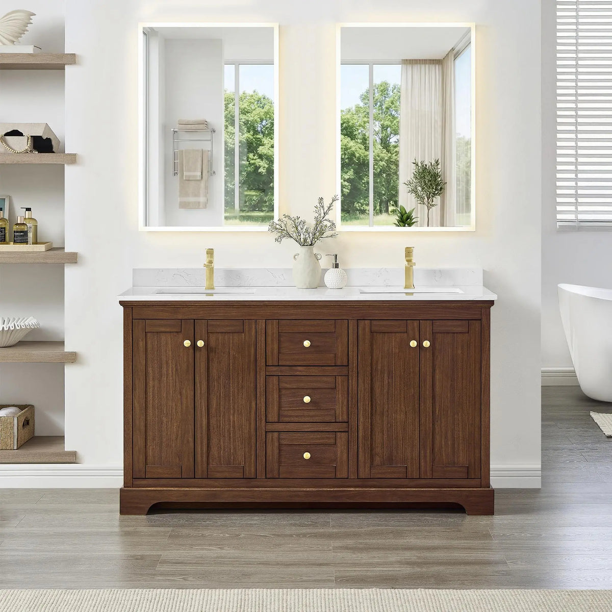 60" Avery Double Bathroom Vanity Dark Walnut Brushed Gold Trim by wyndham View 4