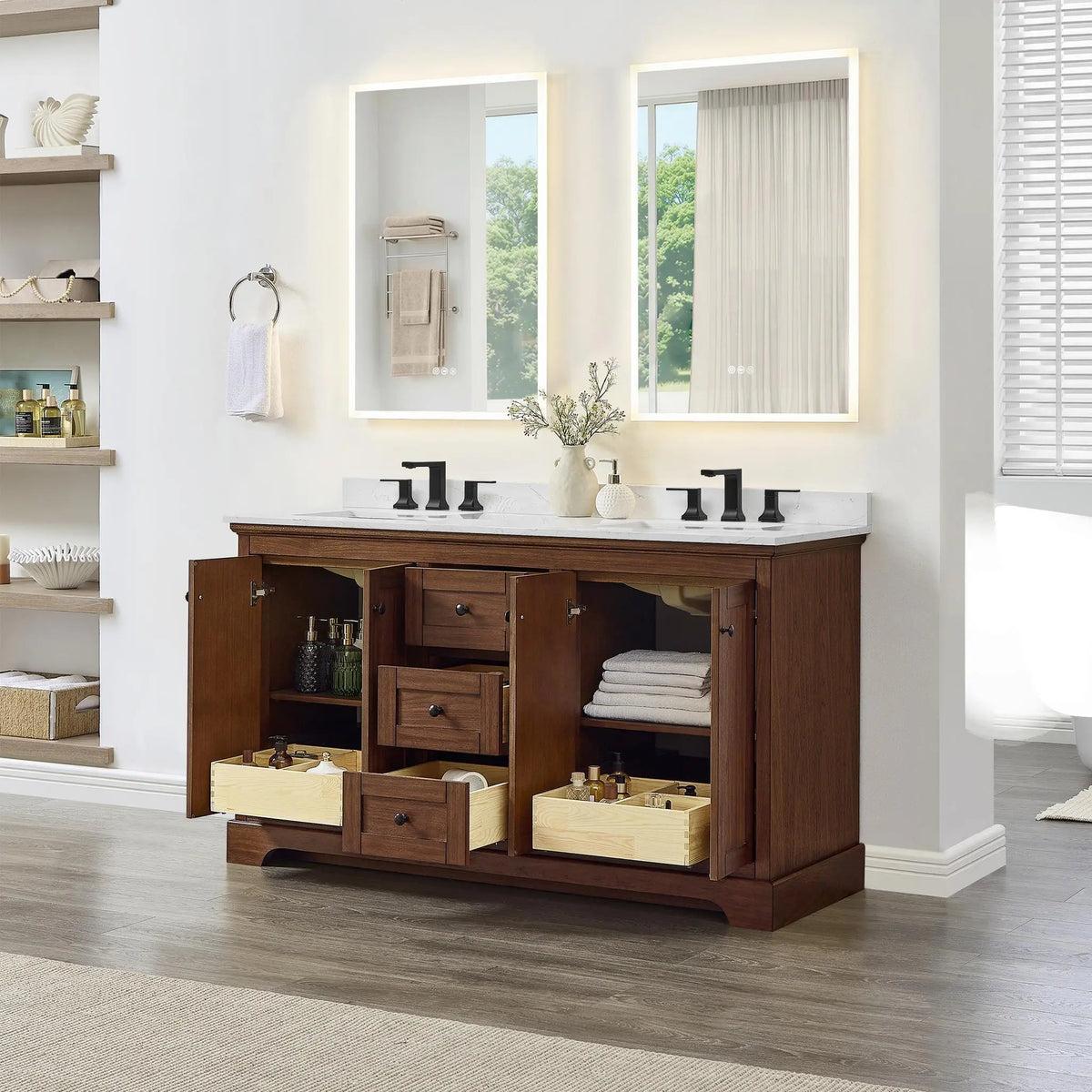 60" Avery Double Bathroom Vanity Dark Walnut Matte Black Trim by wyndham View 12