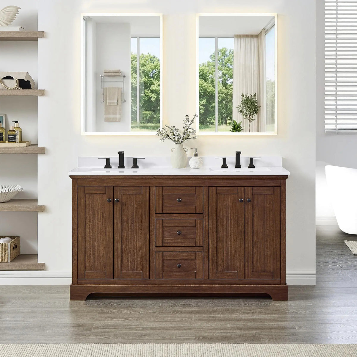 60" Avery Double Bathroom Vanity Dark Walnut Matte Black Trim by wyndham View 19