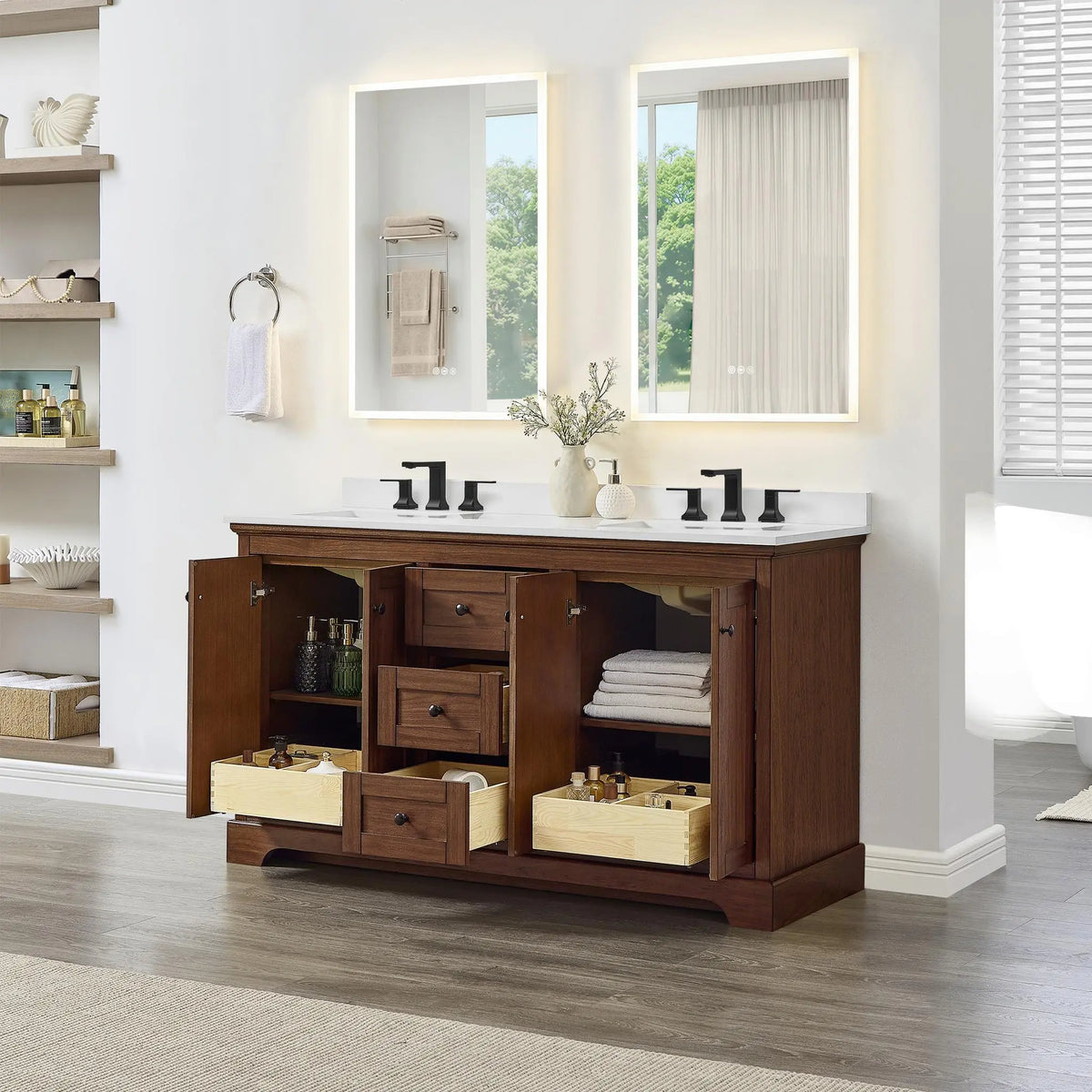 60" Avery Double Bathroom Vanity Dark Walnut Matte Black Trim by wyndham View 32