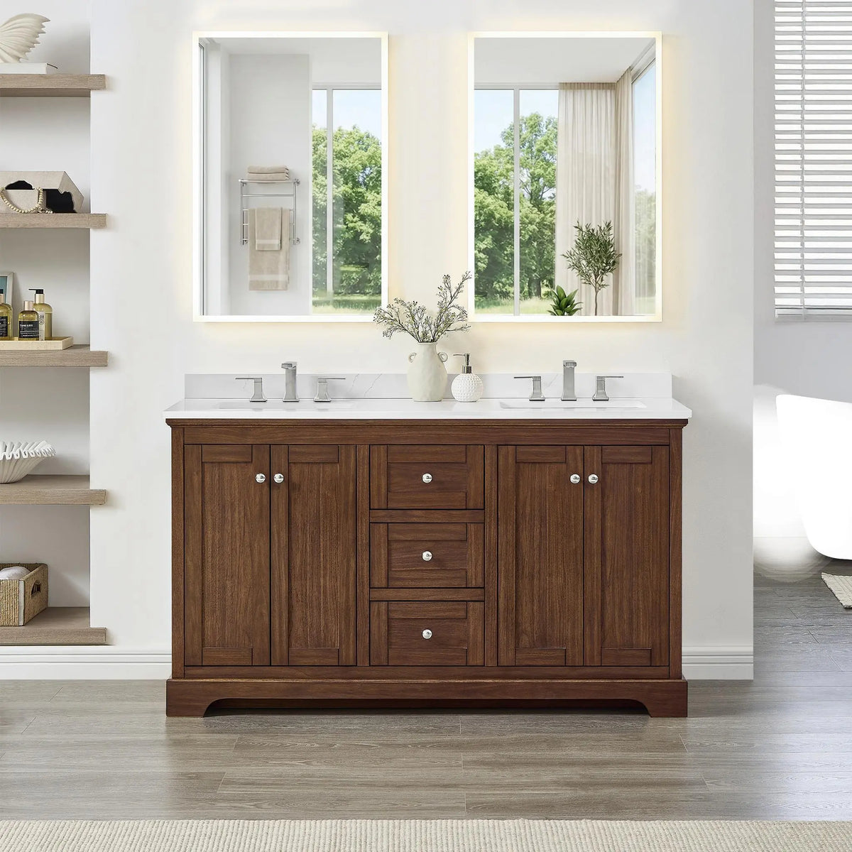 60" Avery Double Bathroom Vanity Dark Walnut Polished Chrome Trim by wyndham View 39