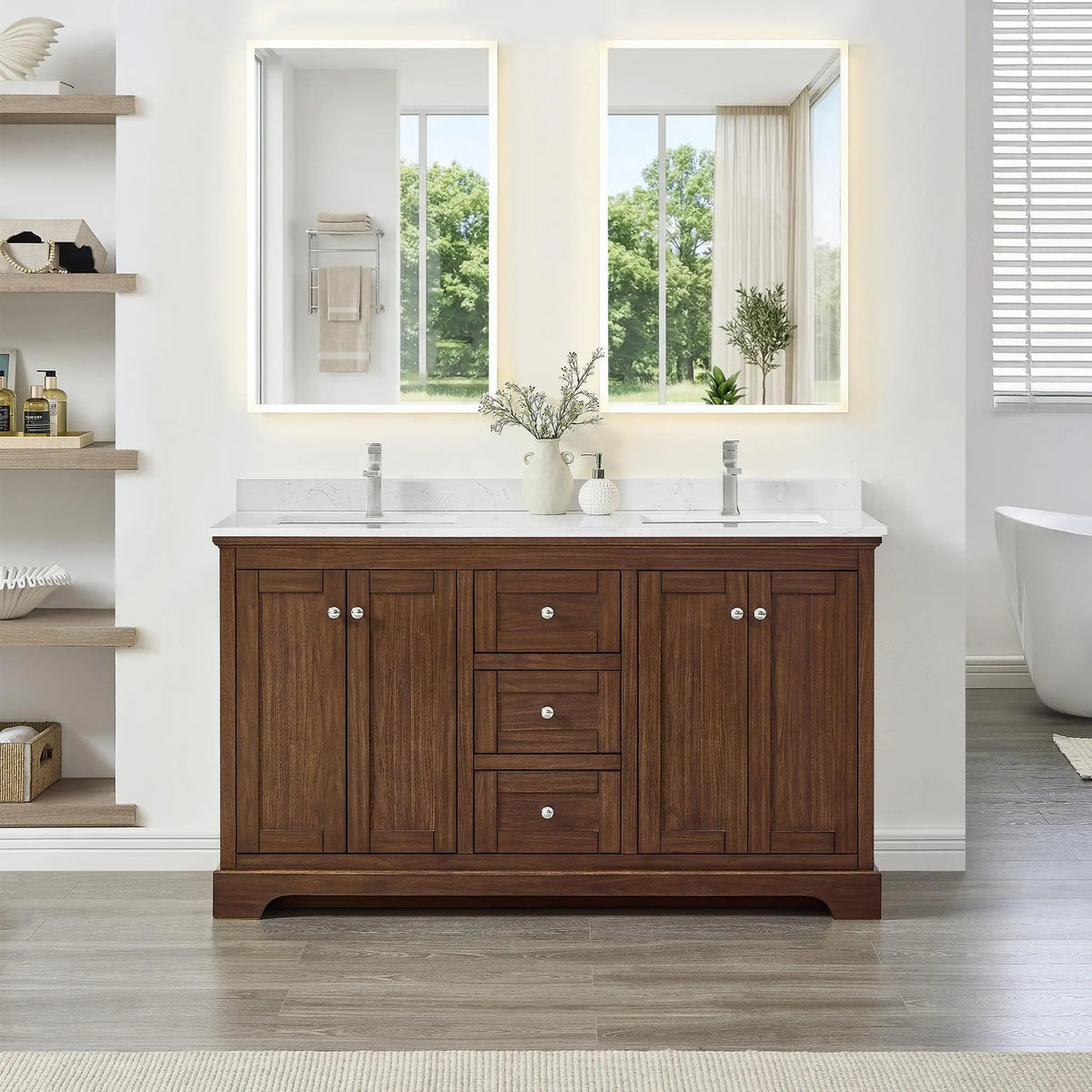 60" Avery Double Bathroom Vanity Dark Walnut Polished Chrome Trim by wyndham View 4
