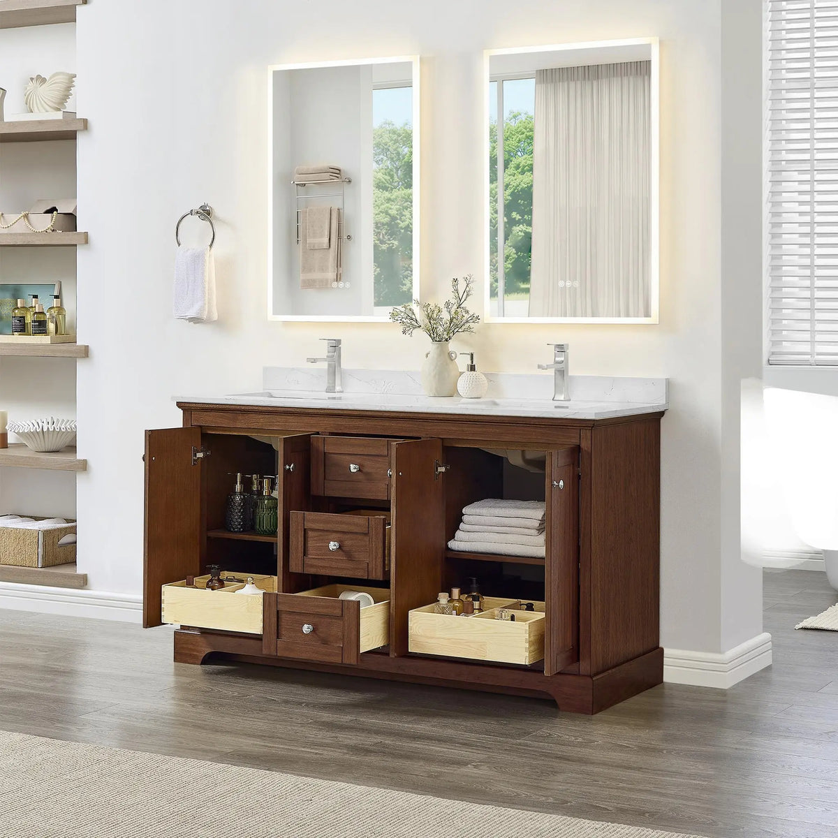 60" Avery Double Bathroom Vanity Dark Walnut Polished Chrome Trim by wyndham View 2