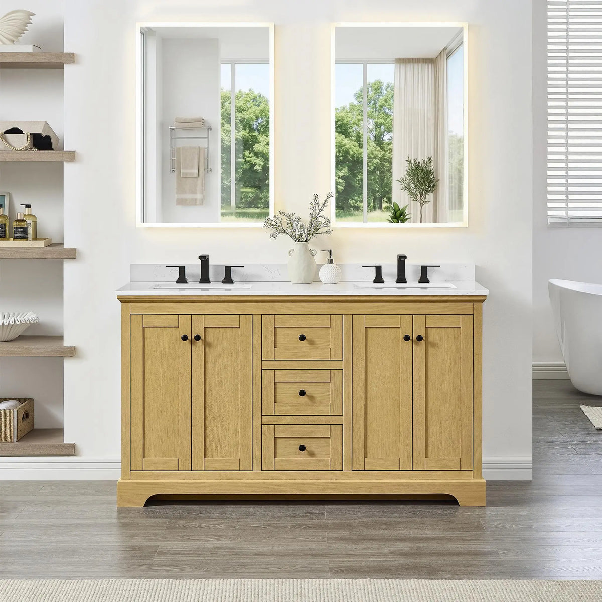 60" Avery Double Bathroom Vanity Honey Oak Matte Black Trim by wyndham View 9