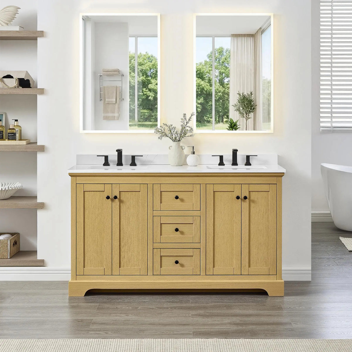 60" Avery Double Bathroom Vanity Honey Oak Matte Black Trim by wyndham View 19