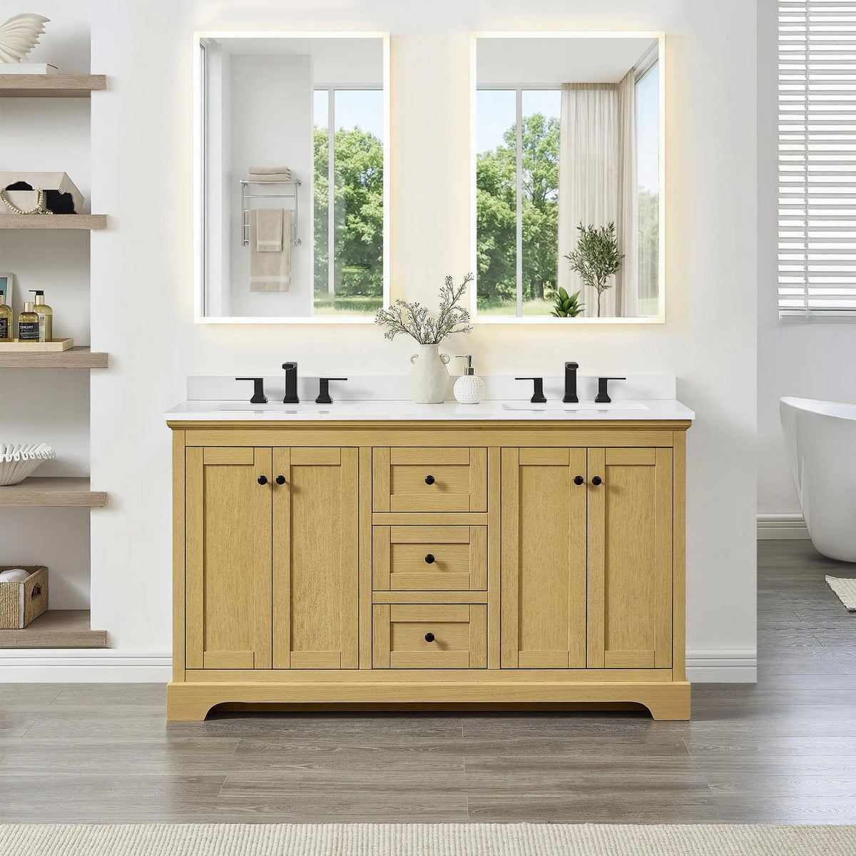 60" Avery Double Bathroom Vanity Honey Oak Matte Black Trim by wyndham View 39