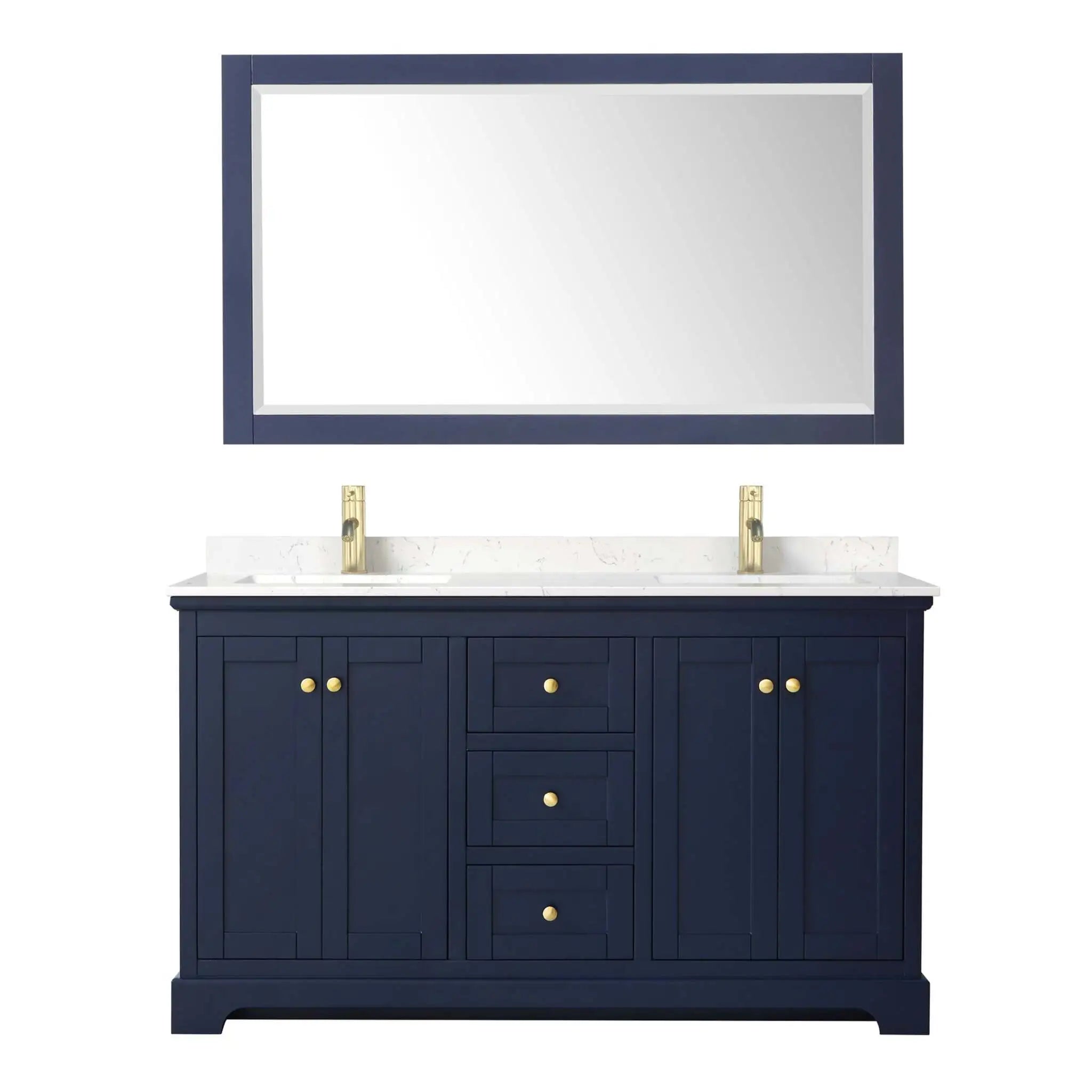 60" Avery Double Bathroom Vanity in Dark Blue with Brushed Gold Trim & 58" Mirror by Wyndham