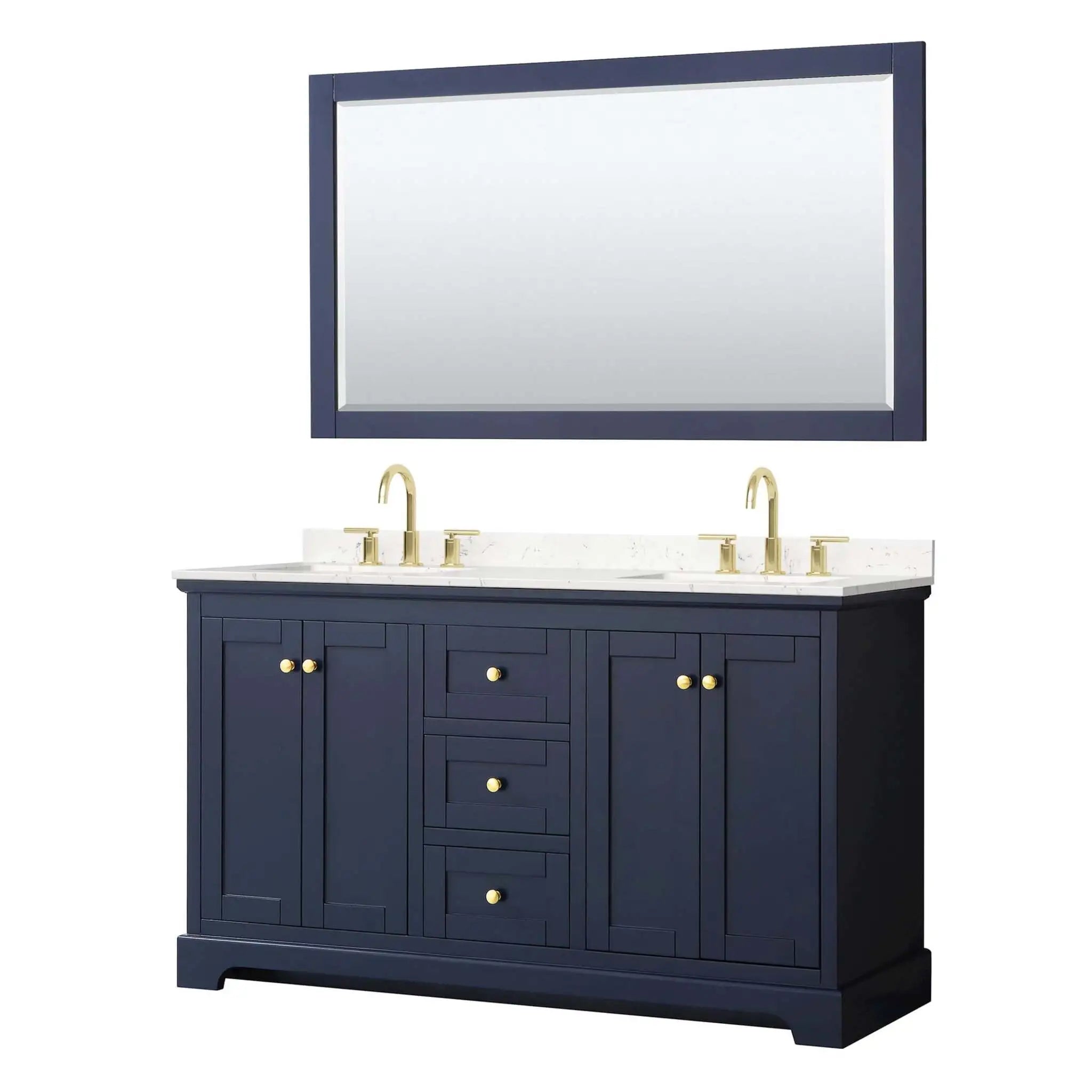 60" Avery Double Bathroom Vanity in Dark Blue with Brushed Gold Trim & 58" Mirror by Wyndham