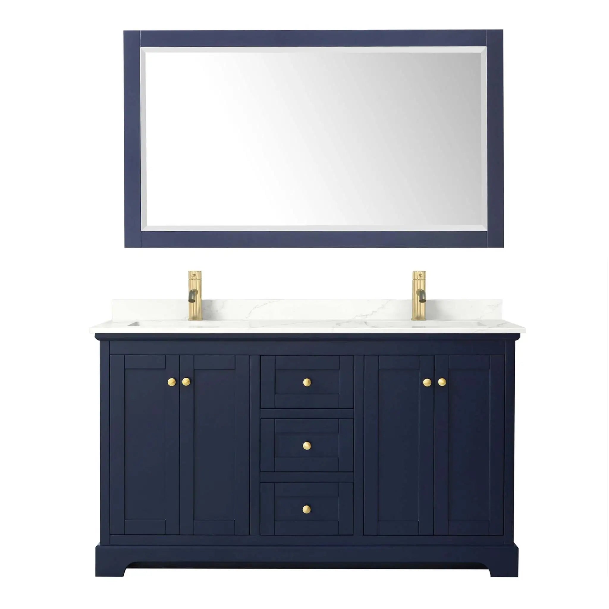 60" Avery Double Bathroom Vanity in Dark Blue with Brushed Gold Trim & 58" Mirror by Wyndham