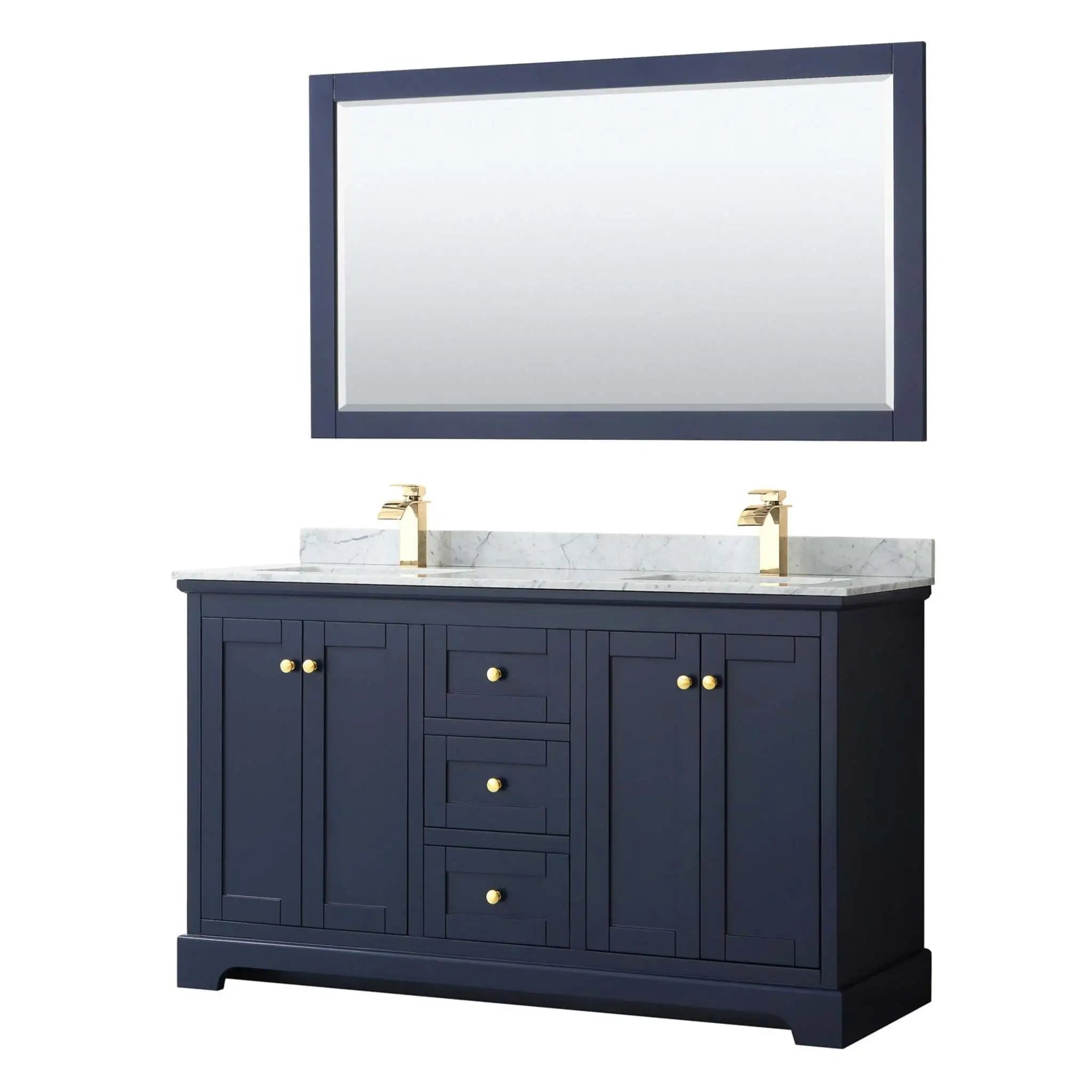 60" Avery Double Bathroom Vanity in Dark Blue with Brushed Gold Trim & 58" Mirror by Wyndham