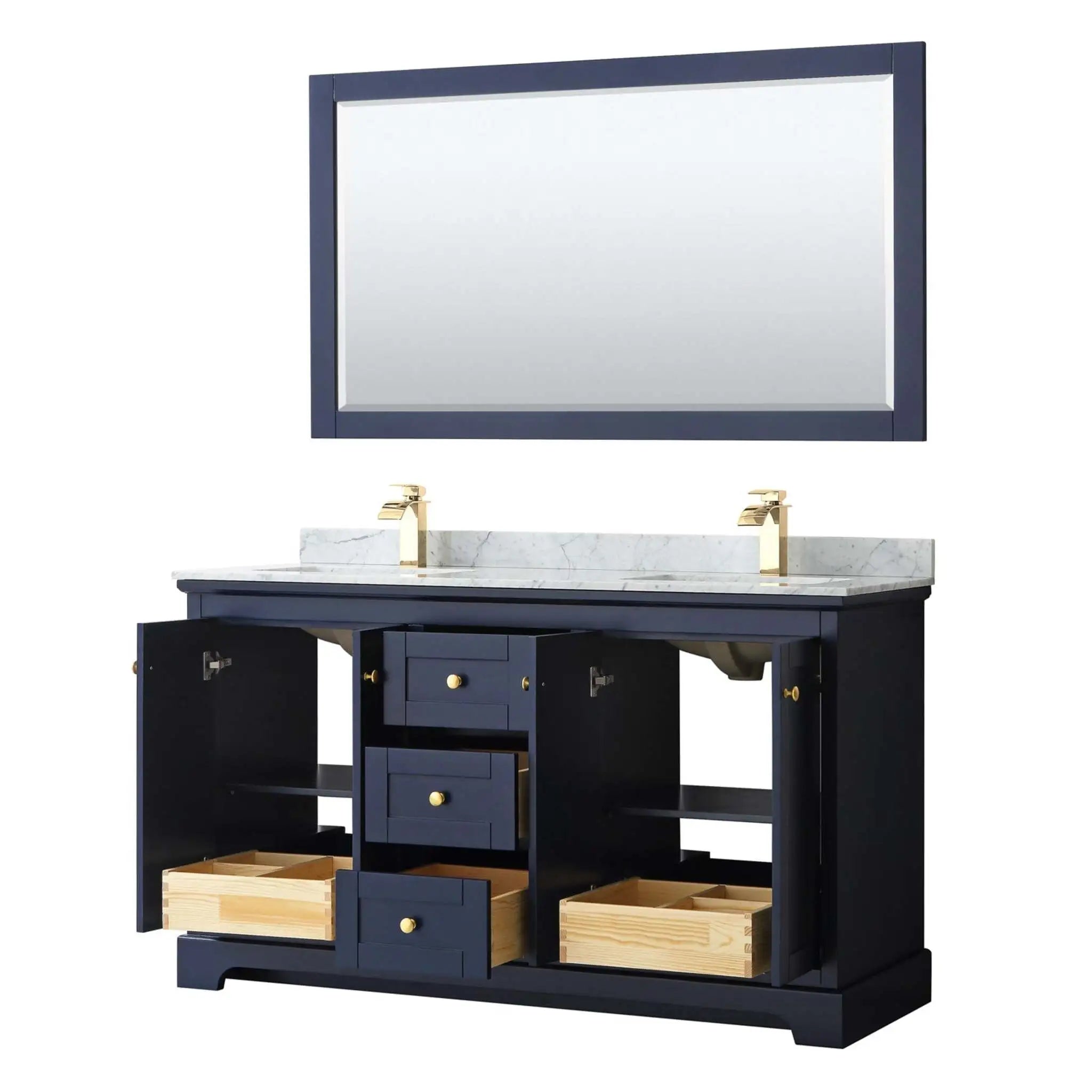 60" Avery Double Bathroom Vanity in Dark Blue with Brushed Gold Trim & 58" Mirror by Wyndham