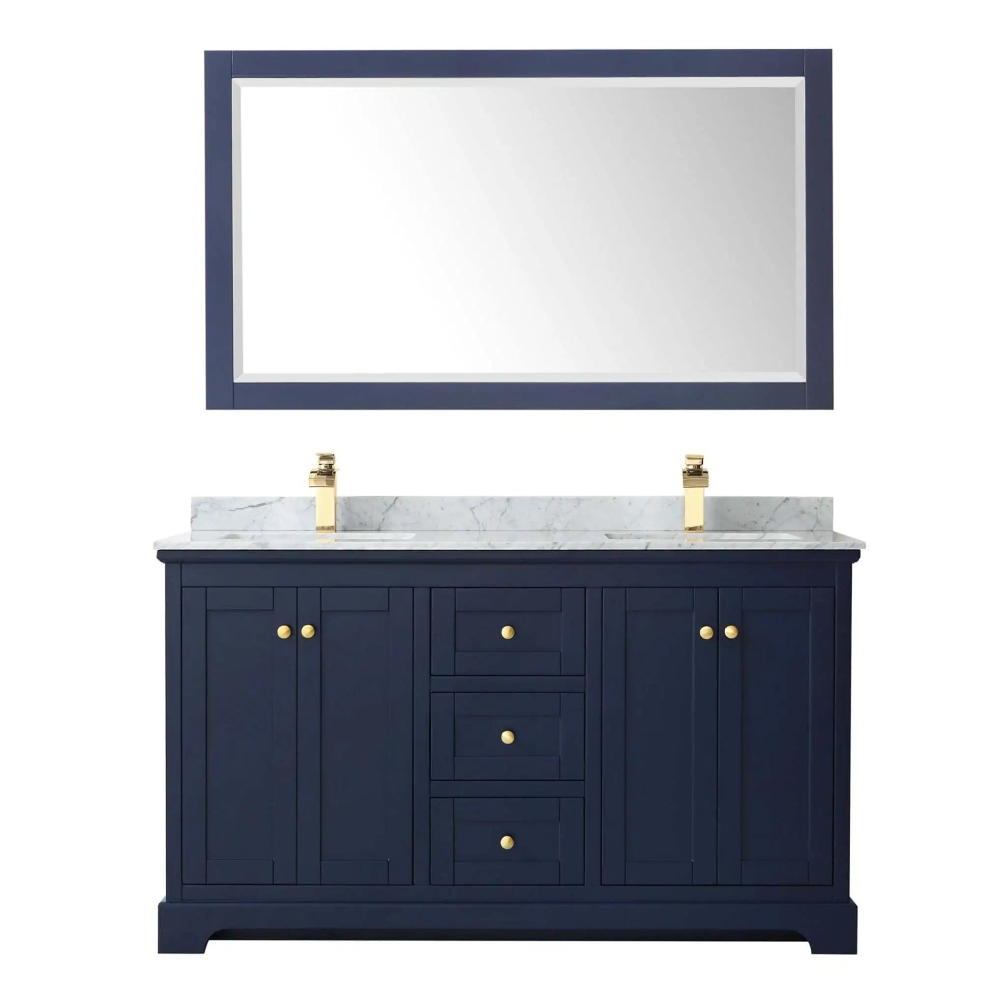 60" Avery Double Bathroom Vanity in Dark Blue with Brushed Gold Trim & 58" Mirror by Wyndham