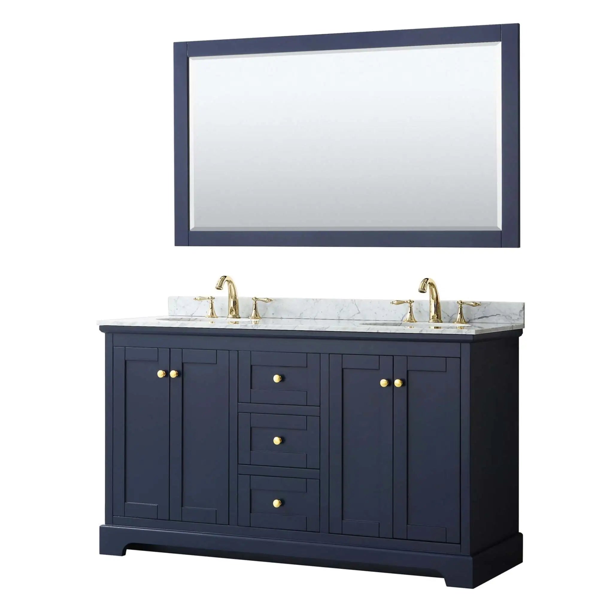 60" Avery Double Bathroom Vanity in Dark Blue with Brushed Gold Trim & 58" Mirror by Wyndham