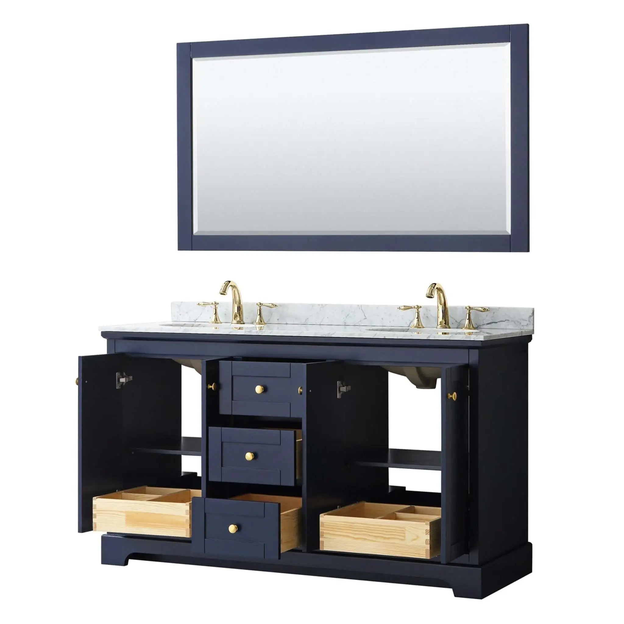 60" Avery Double Bathroom Vanity in Dark Blue with Brushed Gold Trim & 58" Mirror by Wyndham