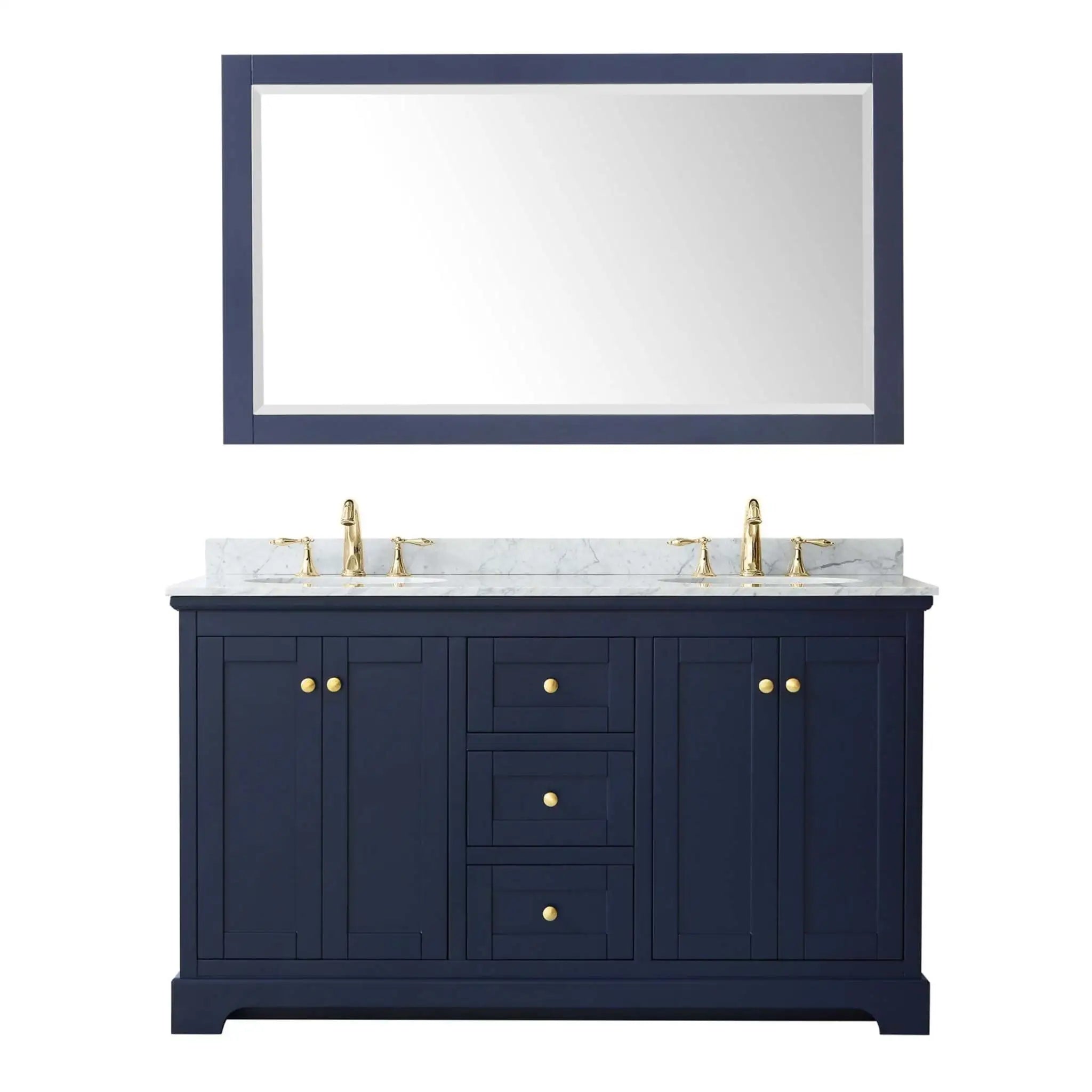 60" Avery Double Bathroom Vanity in Dark Blue with Brushed Gold Trim & 58" Mirror by Wyndham