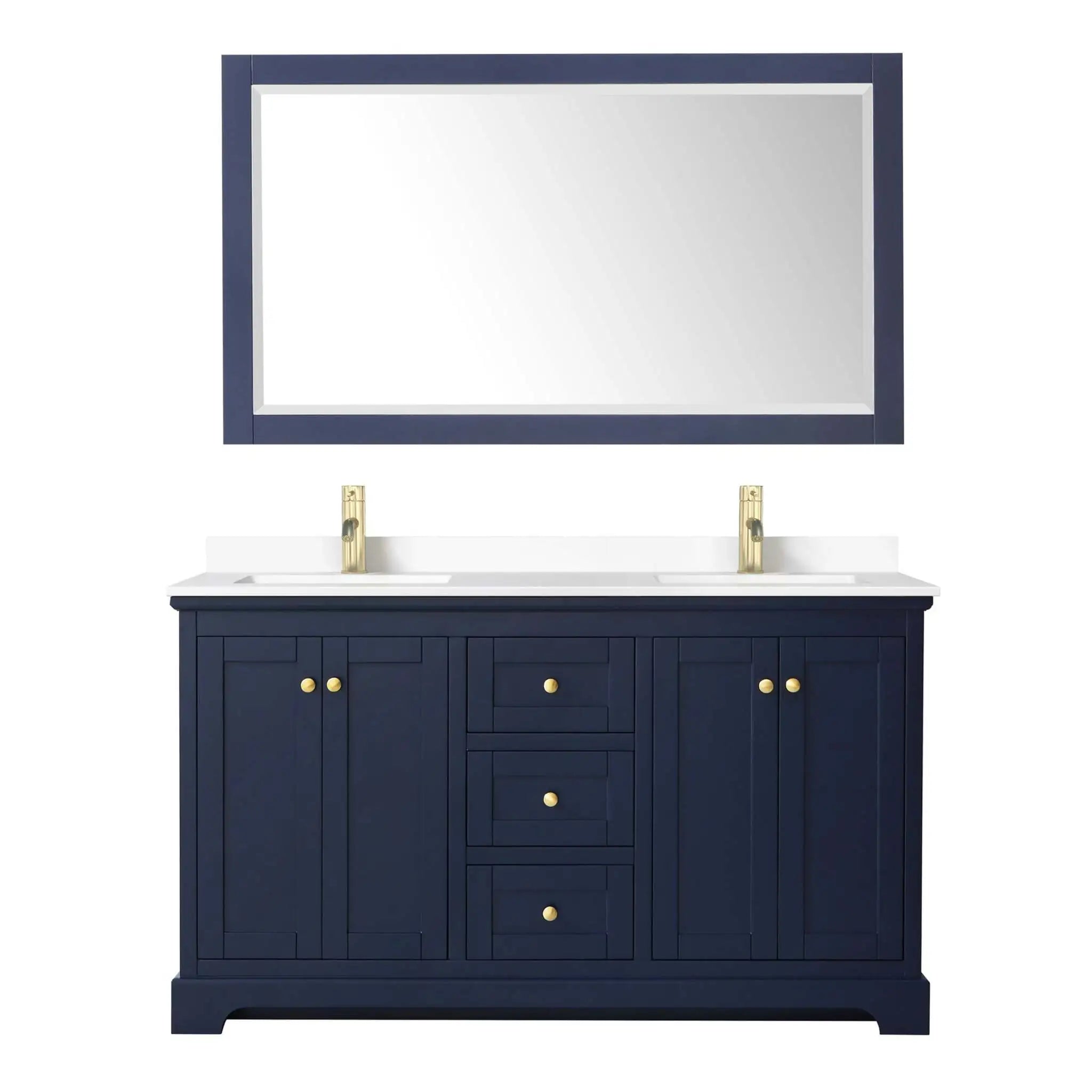 60" Avery Double Bathroom Vanity in Dark Blue with Brushed Gold Trim & 58" Mirror by Wyndham