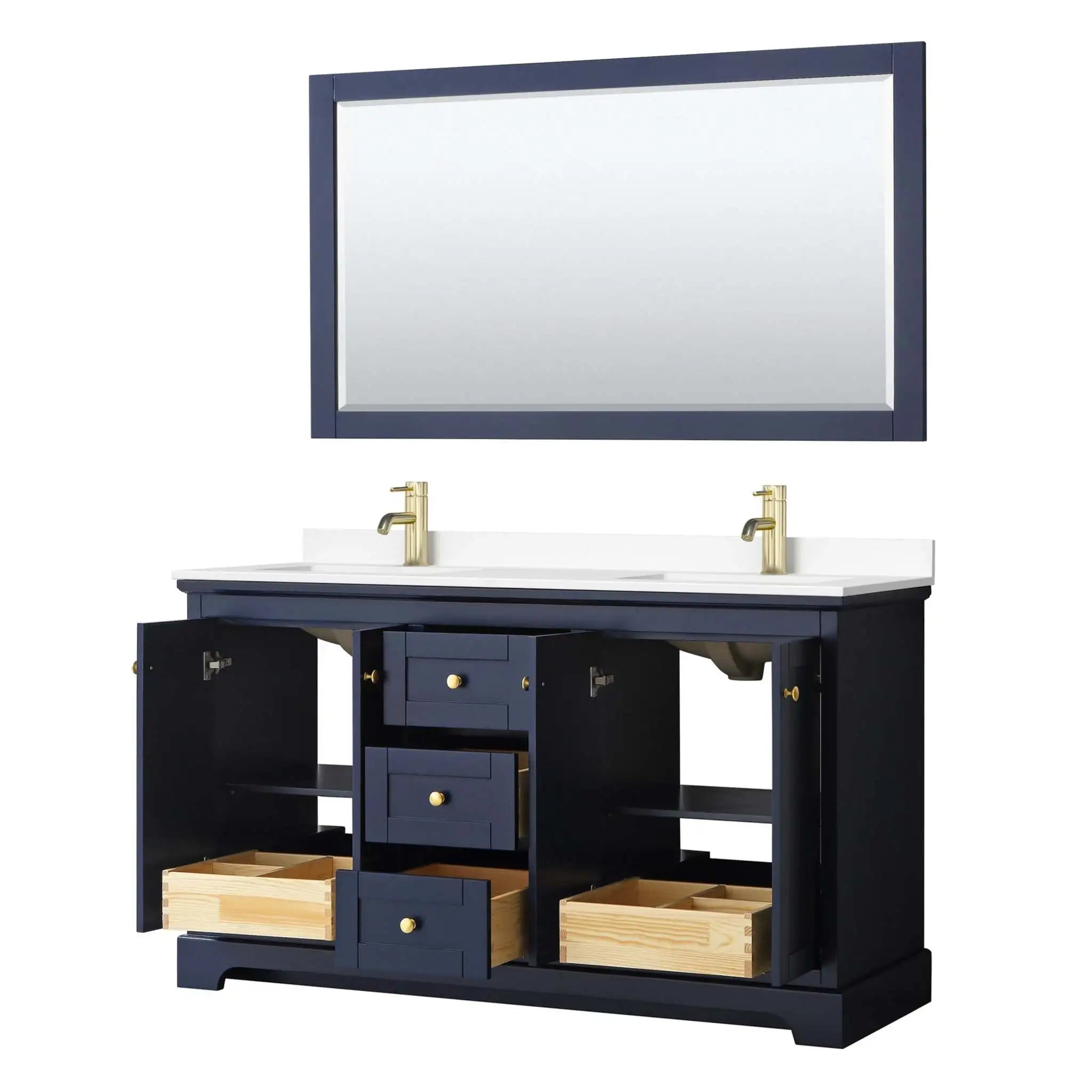 60" Avery Double Bathroom Vanity in Dark Blue with Brushed Gold Trim & 58" Mirror by Wyndham