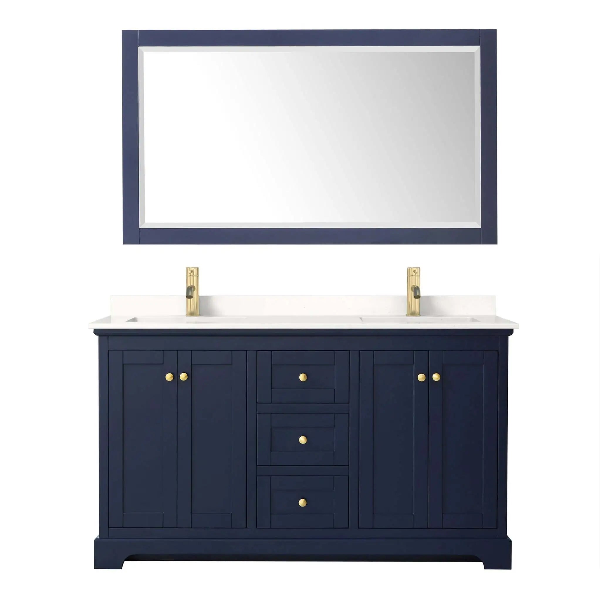 60" Avery Double Bathroom Vanity in Dark Blue with Brushed Gold Trim & 58" Mirror by Wyndham