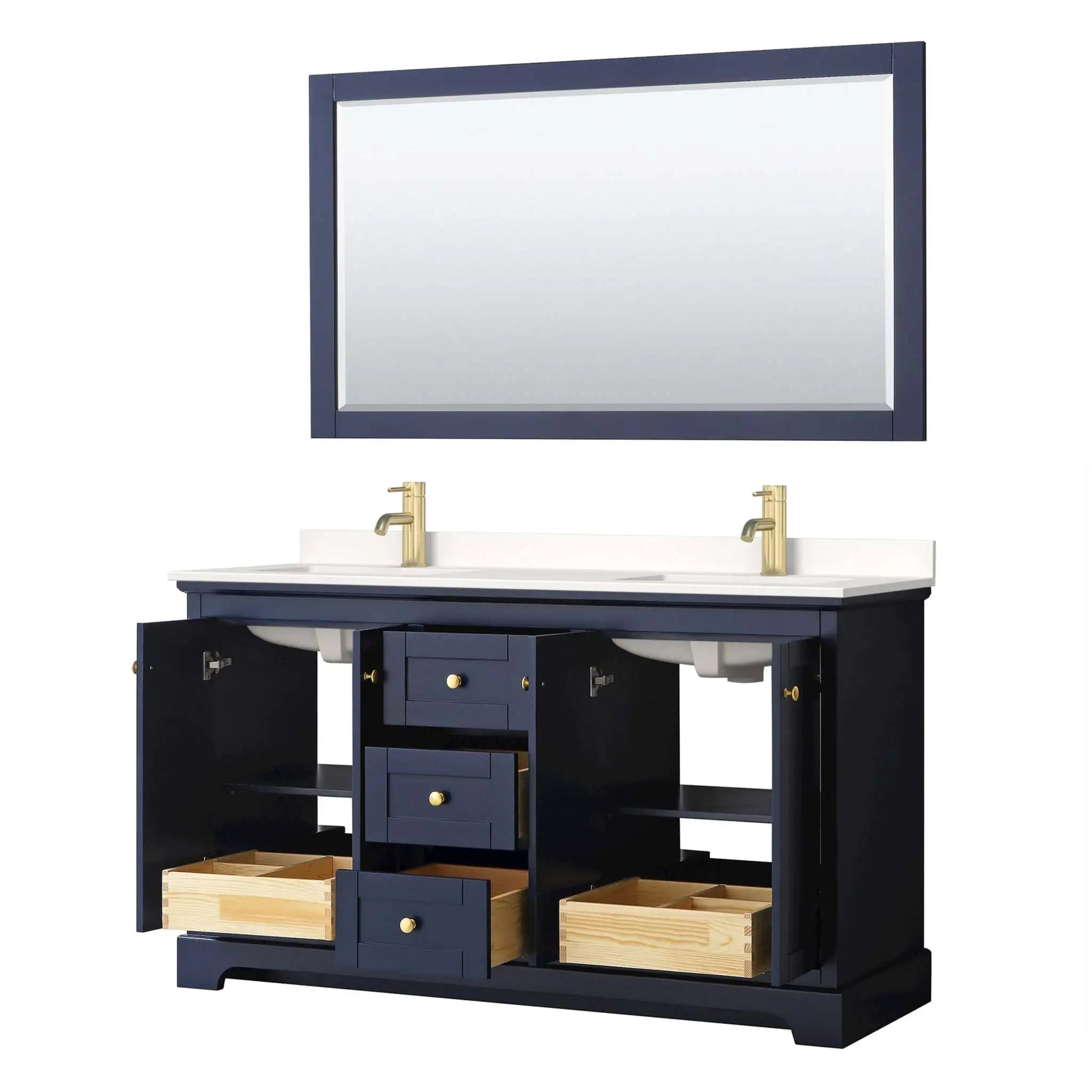 60" Avery Double Bathroom Vanity in Dark Blue with Brushed Gold Trim & 58" Mirror by Wyndham