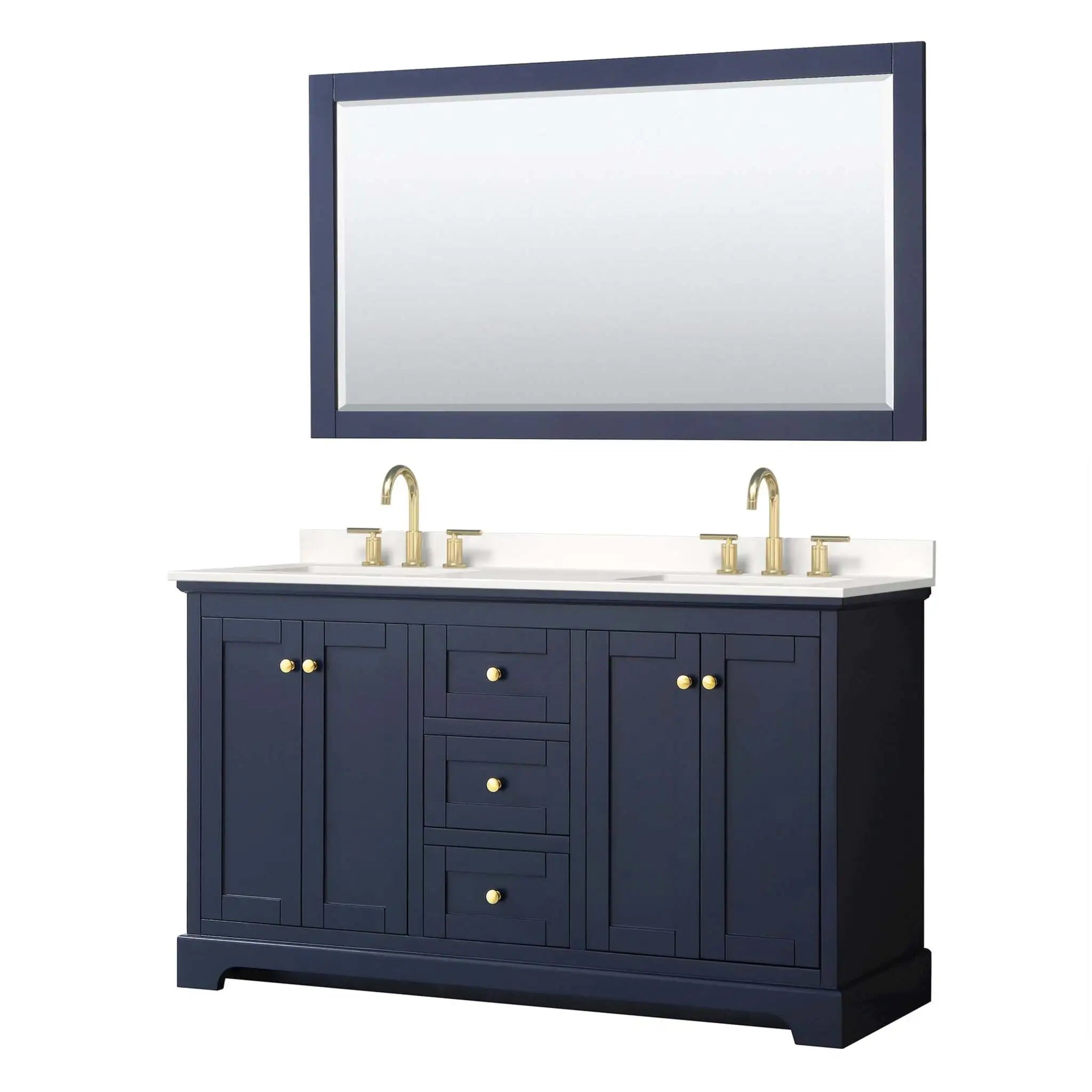 60" Avery Double Bathroom Vanity in Dark Blue with Brushed Gold Trim & 58" Mirror by Wyndham