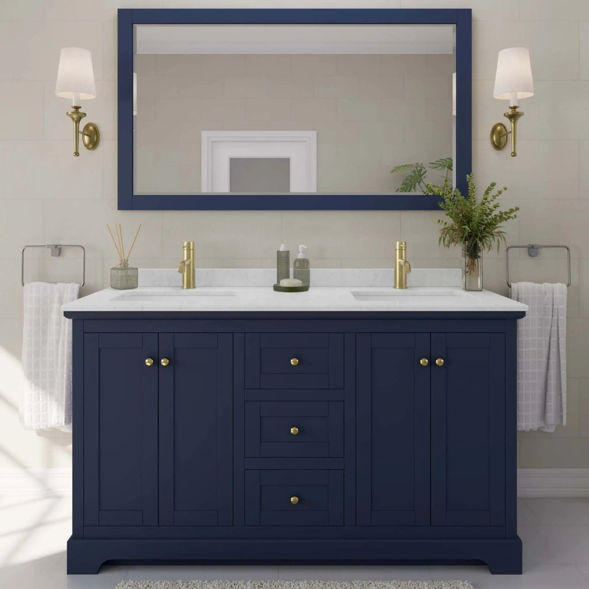 60" Avery Double Bathroom Vanity in Dark Blue with Brushed Gold Trim by Wyndham