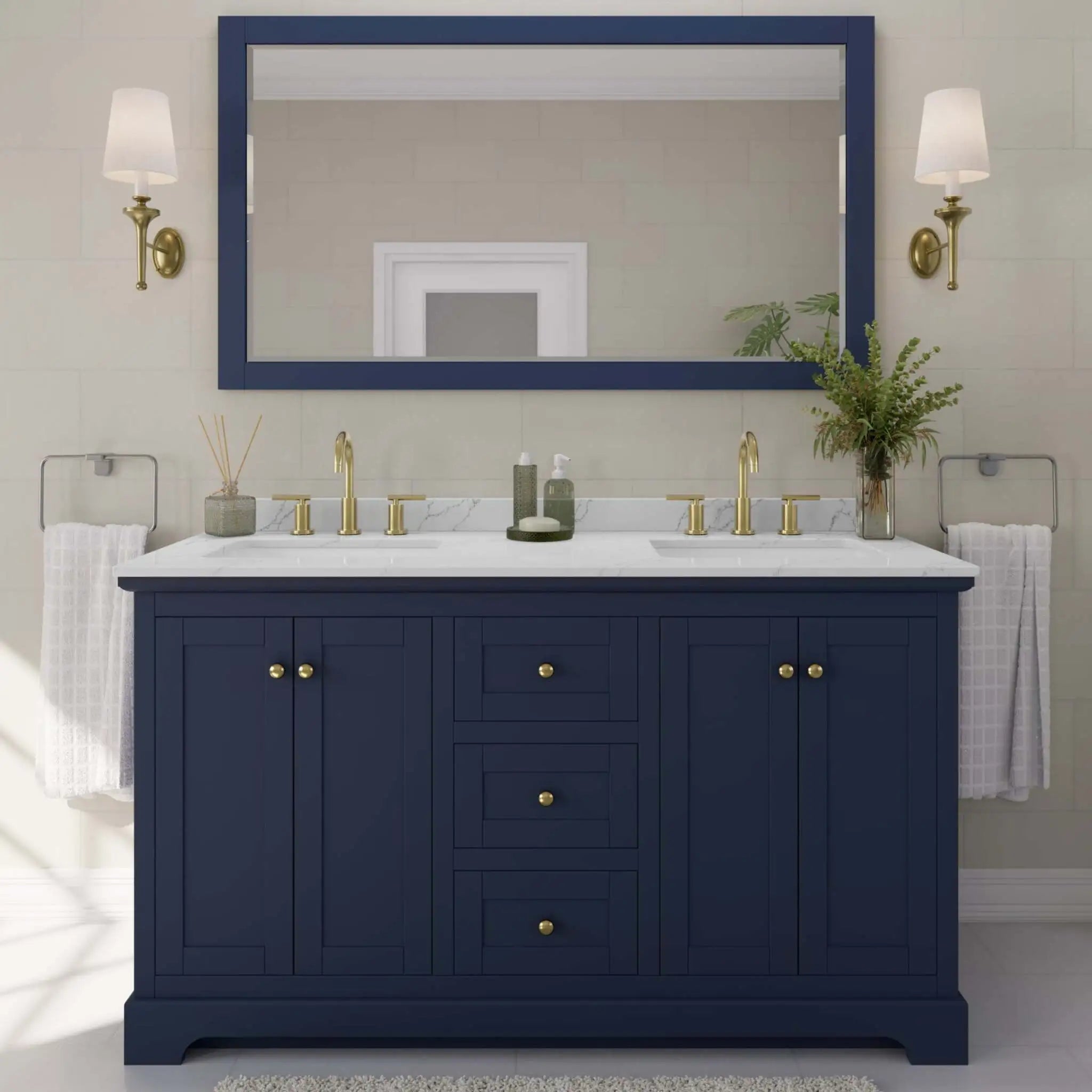 60" Avery Double Bathroom Vanity in Dark Blue with Brushed Gold Trim by Wyndham