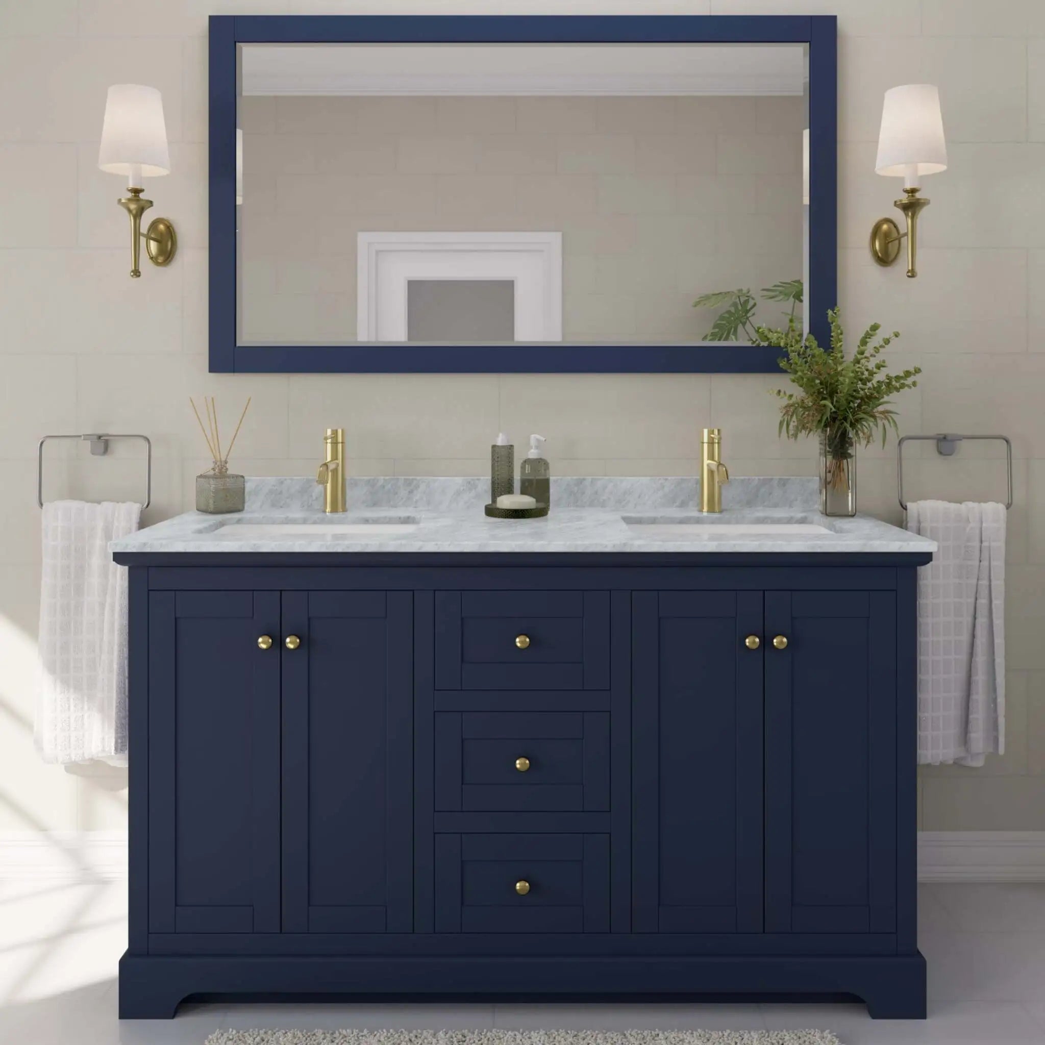 60" Avery Double Bathroom Vanity in Dark Blue with Brushed Gold Trim by Wyndham