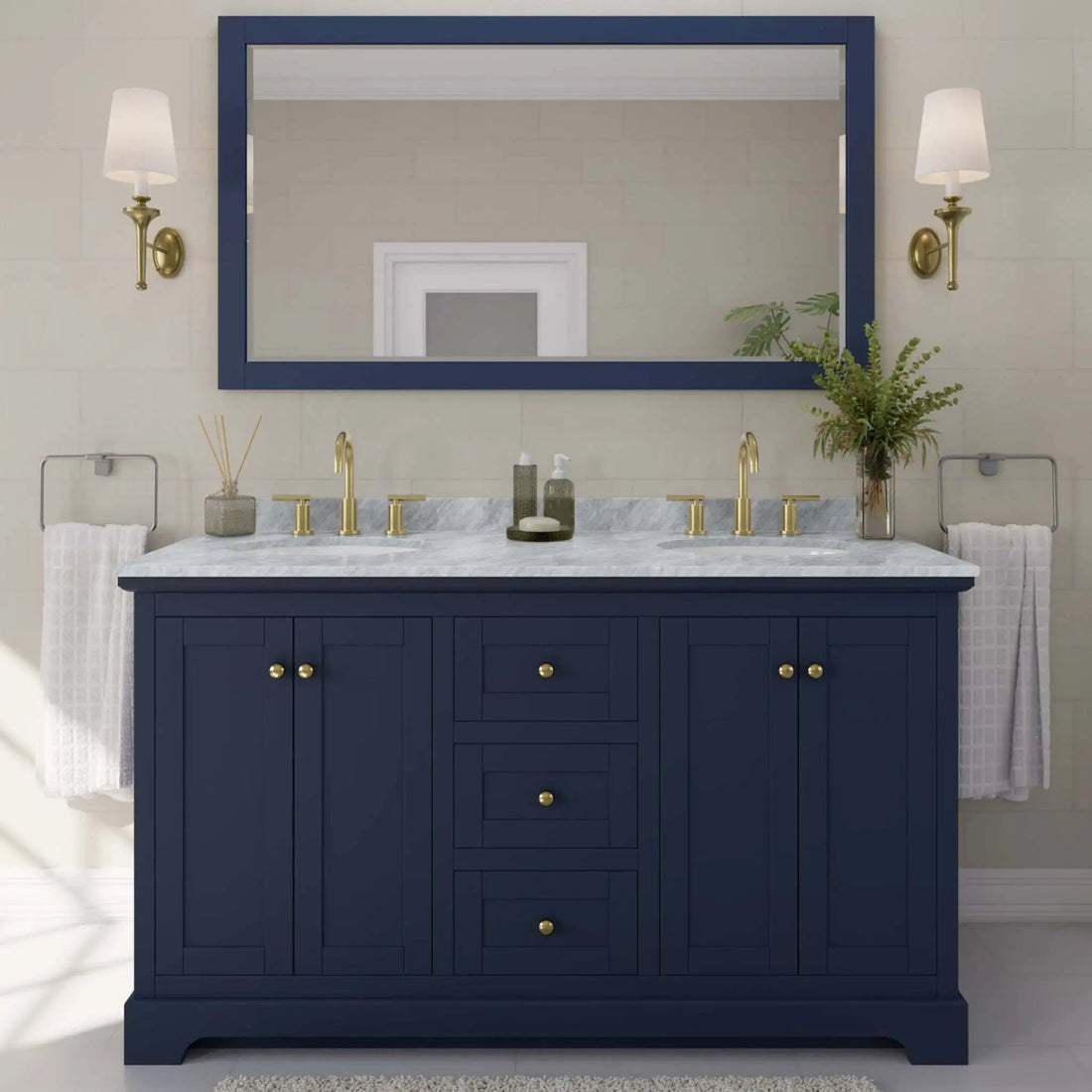 60" Avery Double Bathroom Vanity in Dark Blue with Brushed Gold Trim by Wyndham