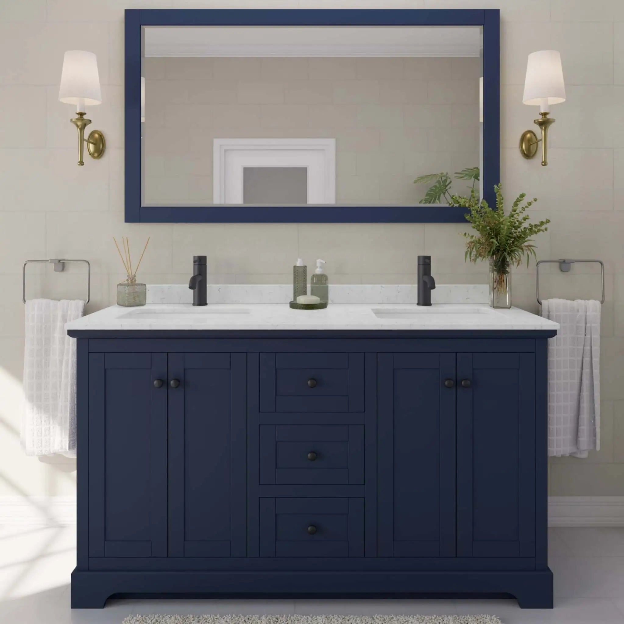 60" Avery Double Bathroom Vanity in Dark Blue with Matte Black Trim & 58" Mirror by Wyndham