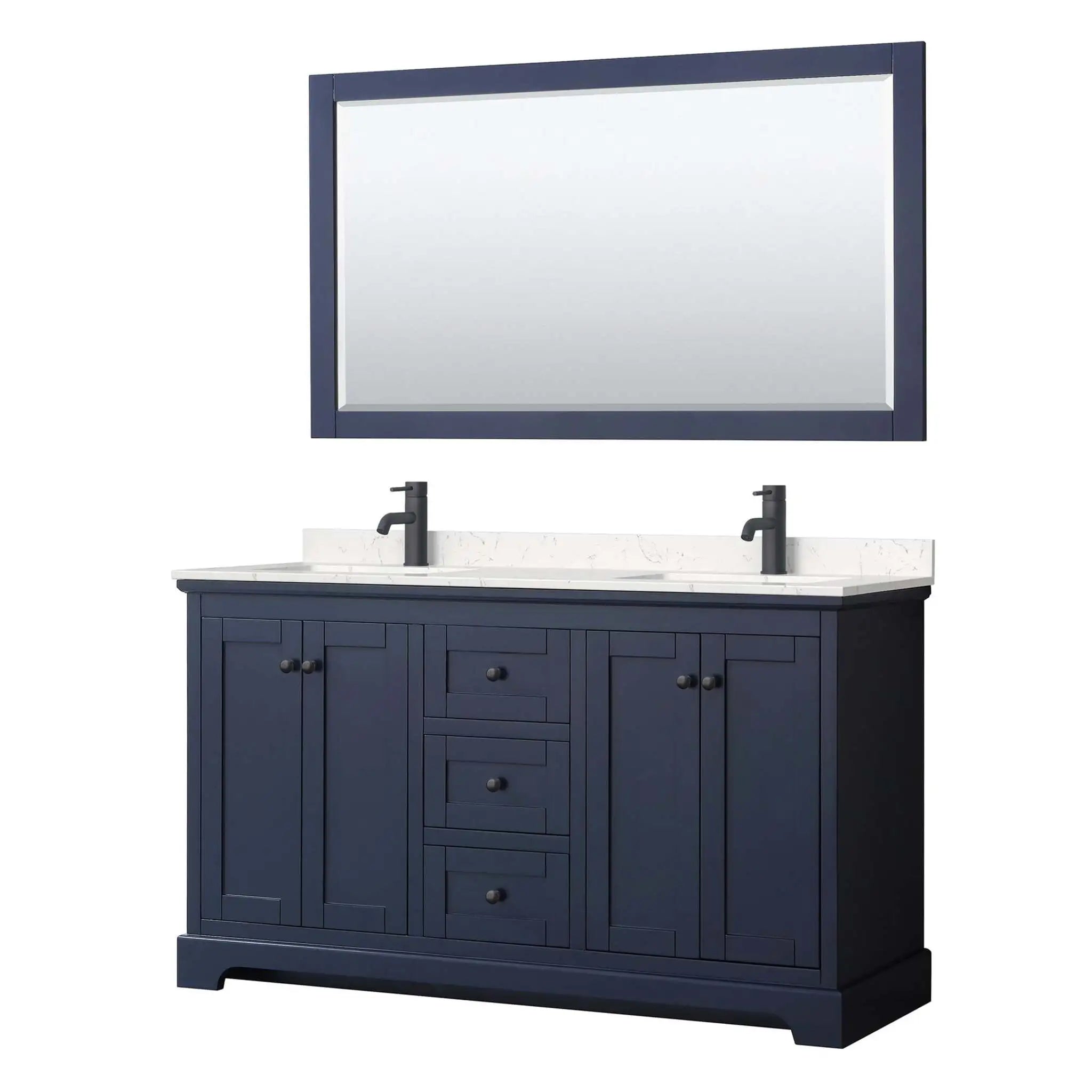 60" Avery Double Bathroom Vanity in Dark Blue with Matte Black Trim & 58" Mirror by Wyndham