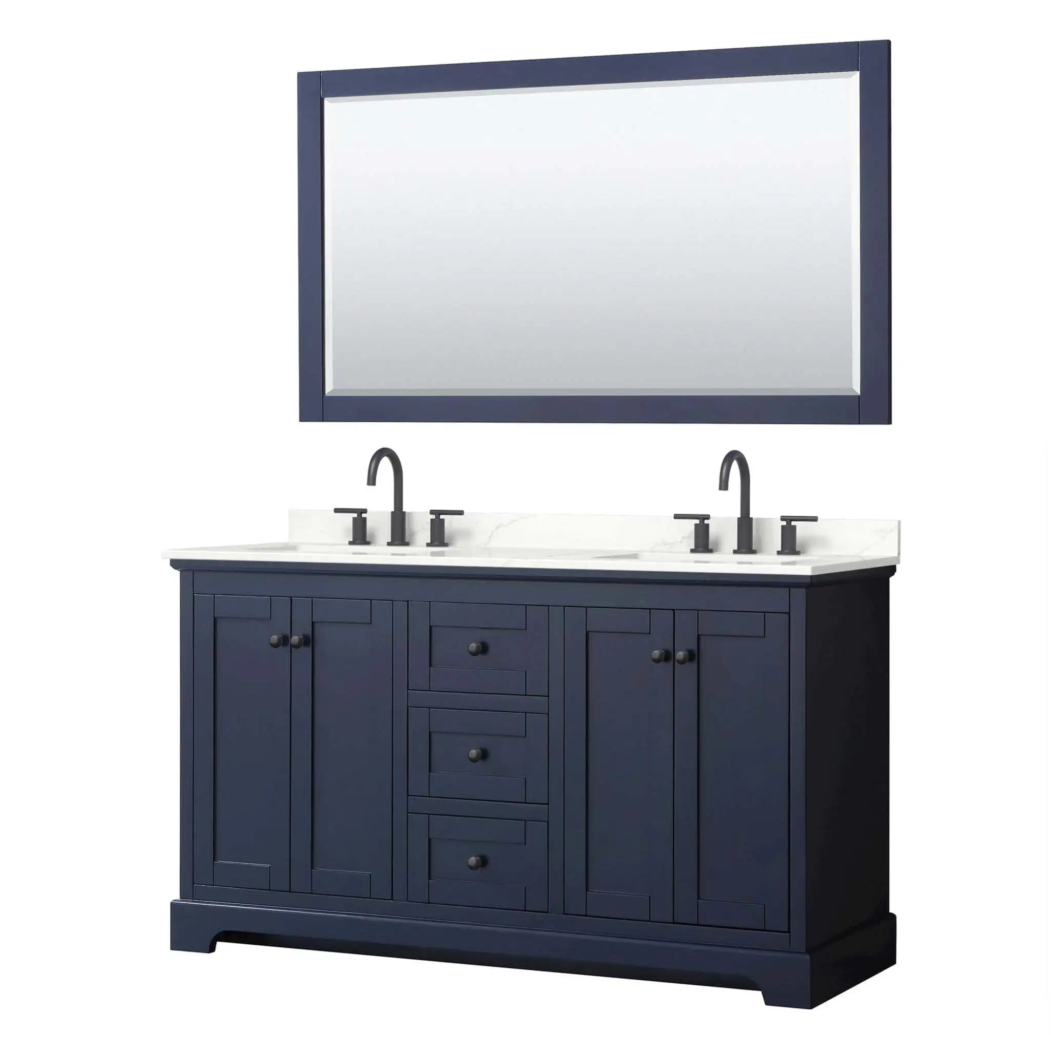 60" Avery Double Bathroom Vanity in Dark Blue with Matte Black Trim & 58" Mirror by Wyndham