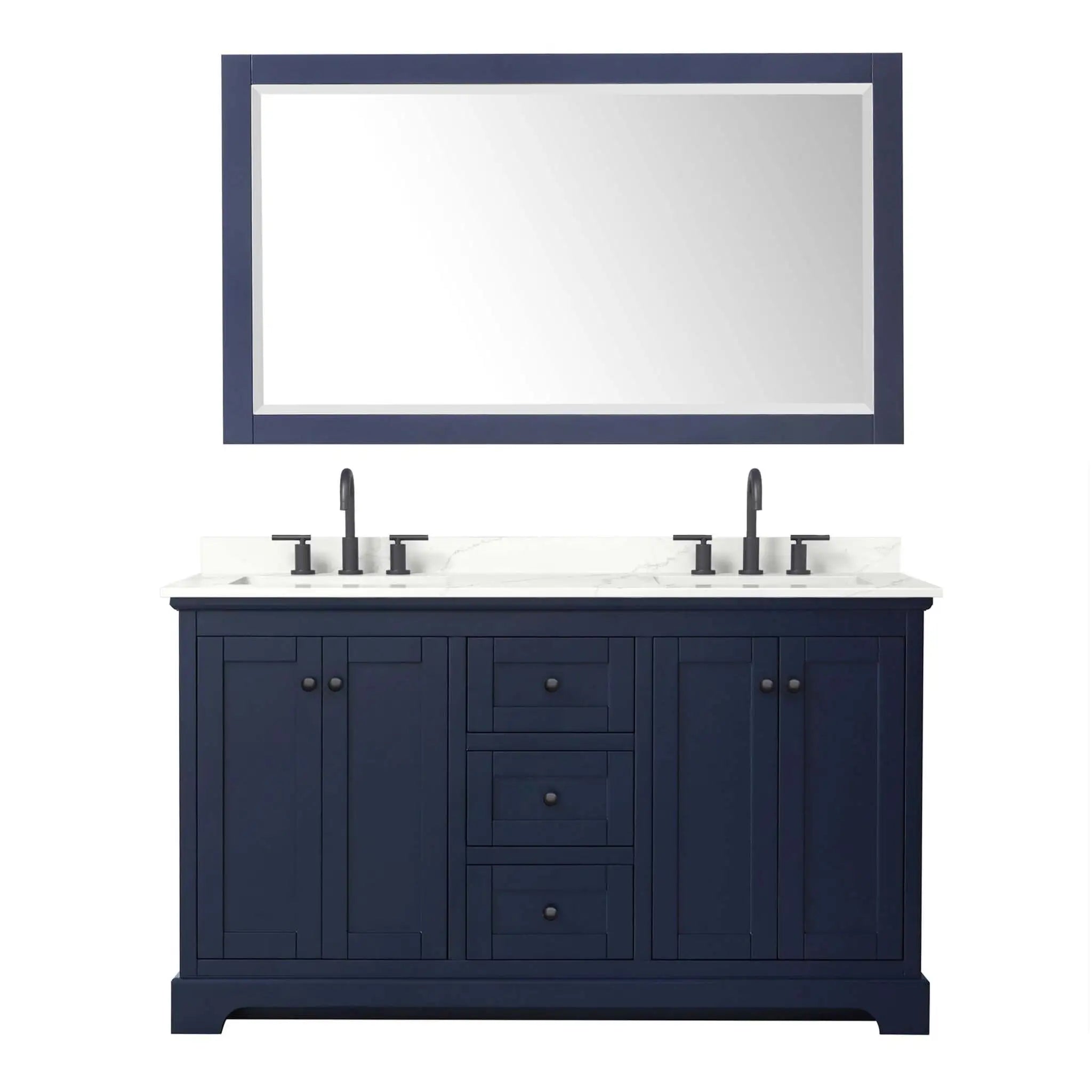 60" Avery Double Bathroom Vanity in Dark Blue with Matte Black Trim & 58" Mirror by Wyndham