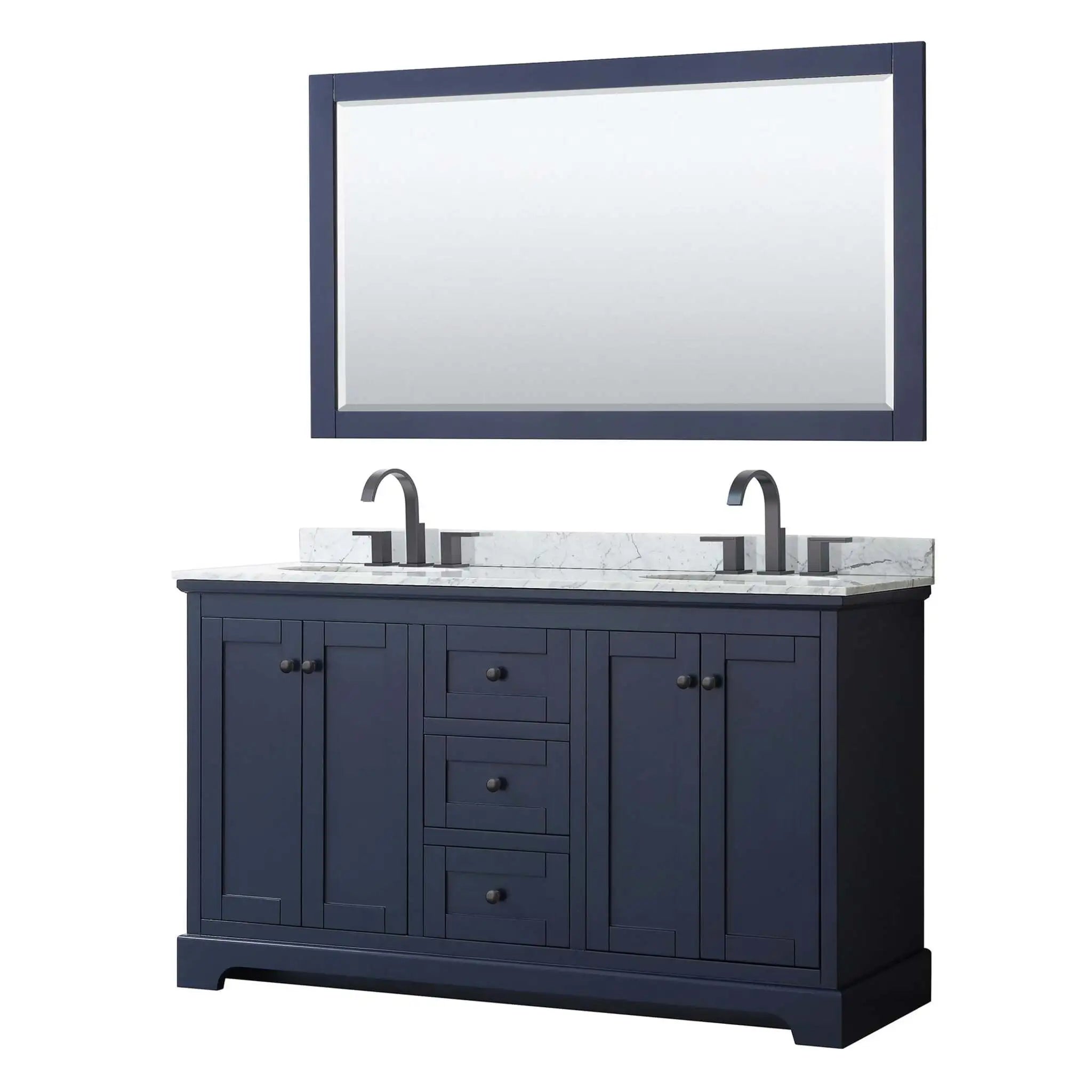 60" Avery Double Bathroom Vanity in Dark Blue with Matte Black Trim & 58" Mirror by Wyndham