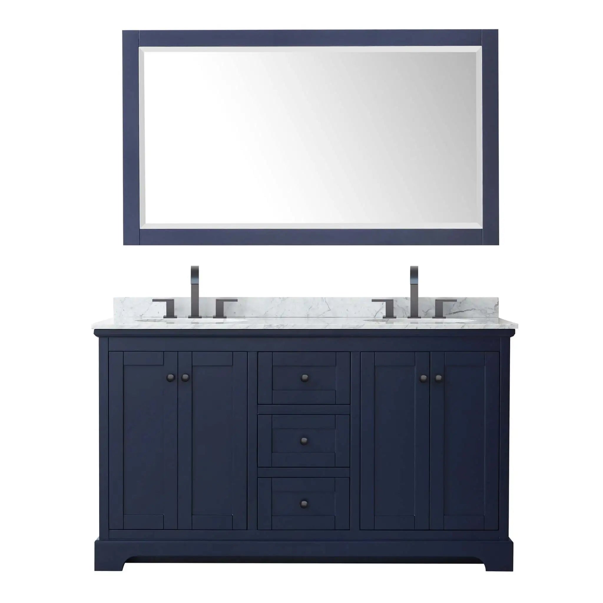 60" Avery Double Bathroom Vanity in Dark Blue with Matte Black Trim & 58" Mirror by Wyndham