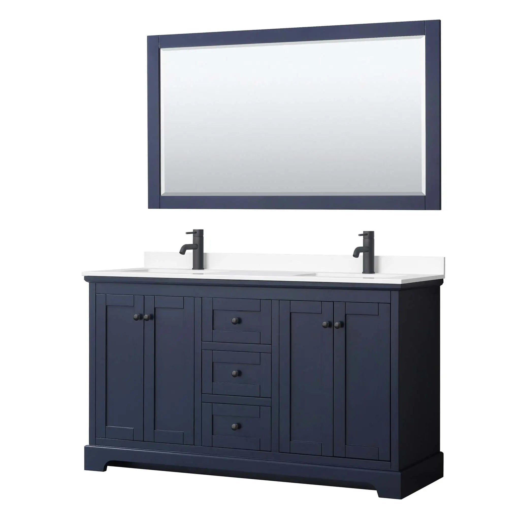 60" Avery Double Bathroom Vanity in Dark Blue with Matte Black Trim & 58" Mirror by Wyndham