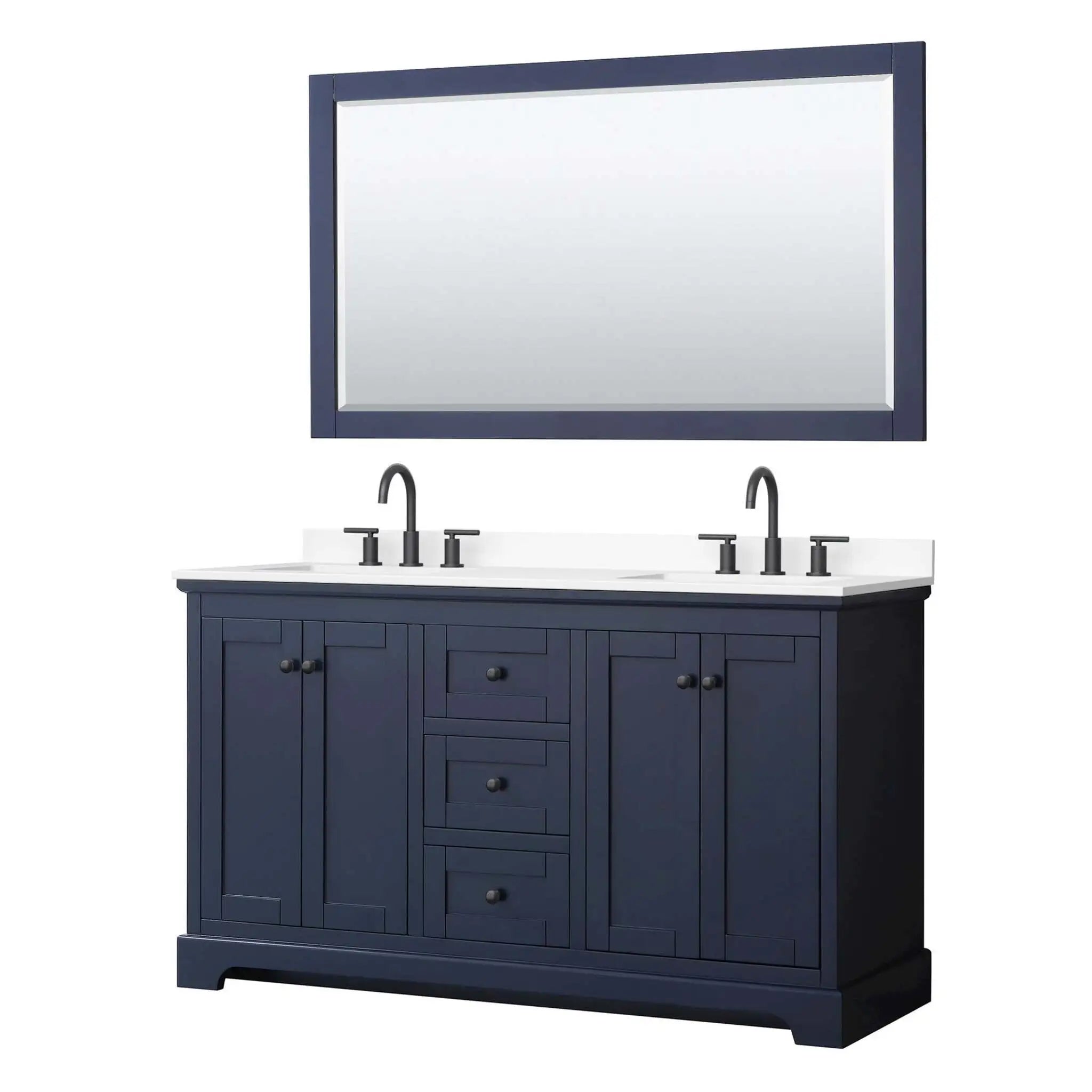 60" Avery Double Bathroom Vanity in Dark Blue with Matte Black Trim & 58" Mirror by Wyndham