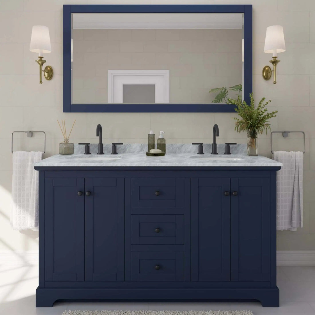 60" Avery Double Bathroom Vanity in Dark Blue with Matte Black Trim by Wyndham