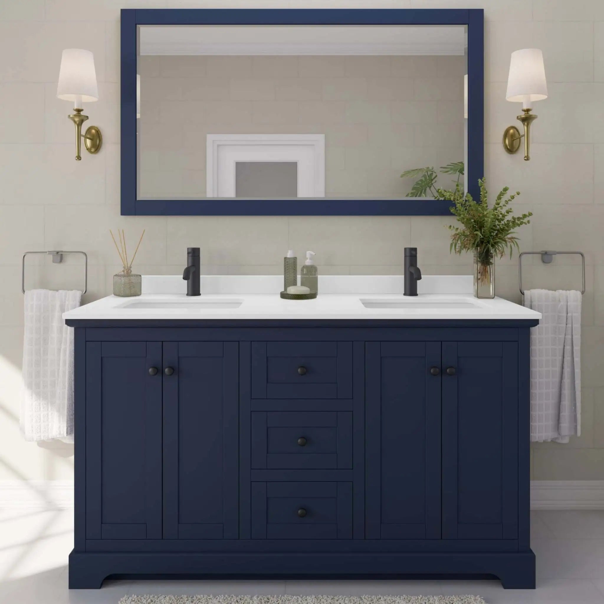 60" Avery Double Bathroom Vanity in Dark Blue with Matte Black Trim by Wyndham