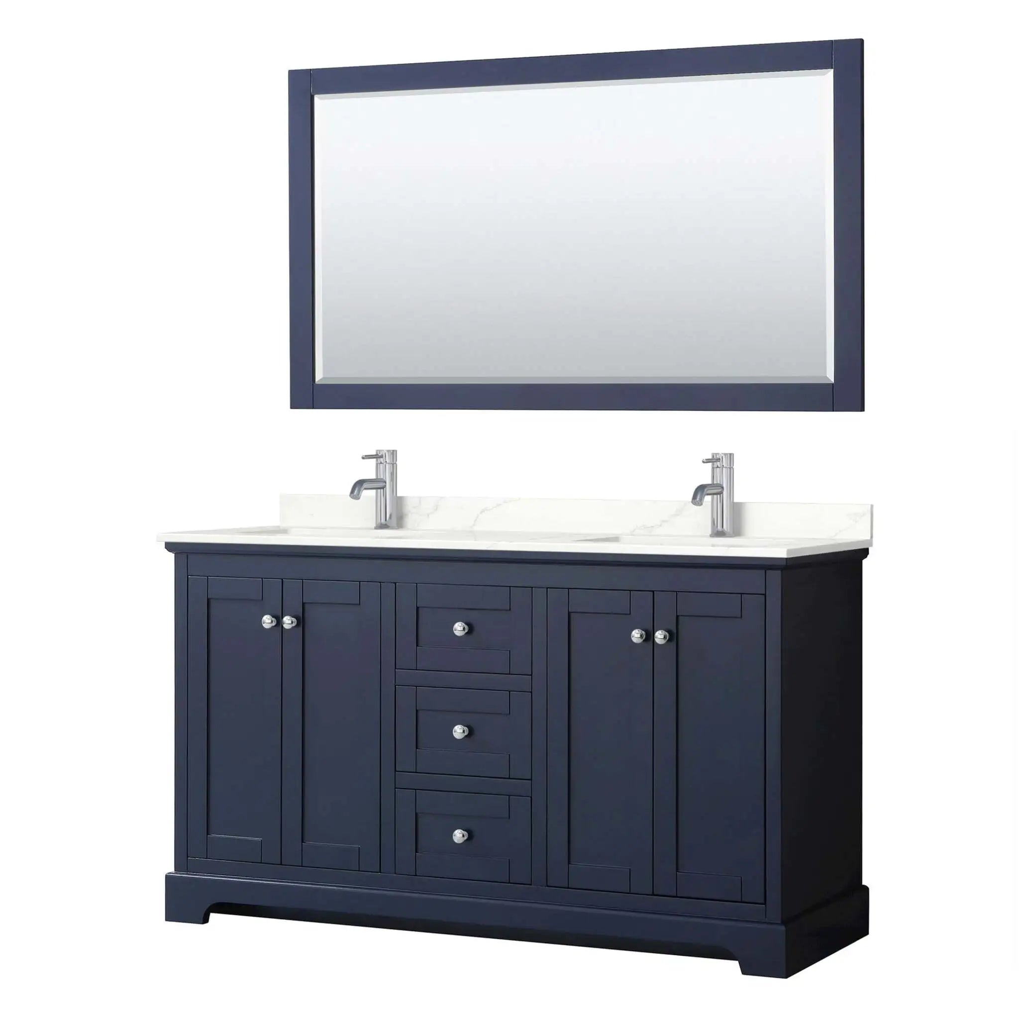 60" Avery Double Bathroom Vanity in Dark Blue with Polished Chrome Trim & 58" Mirror by Wyndham