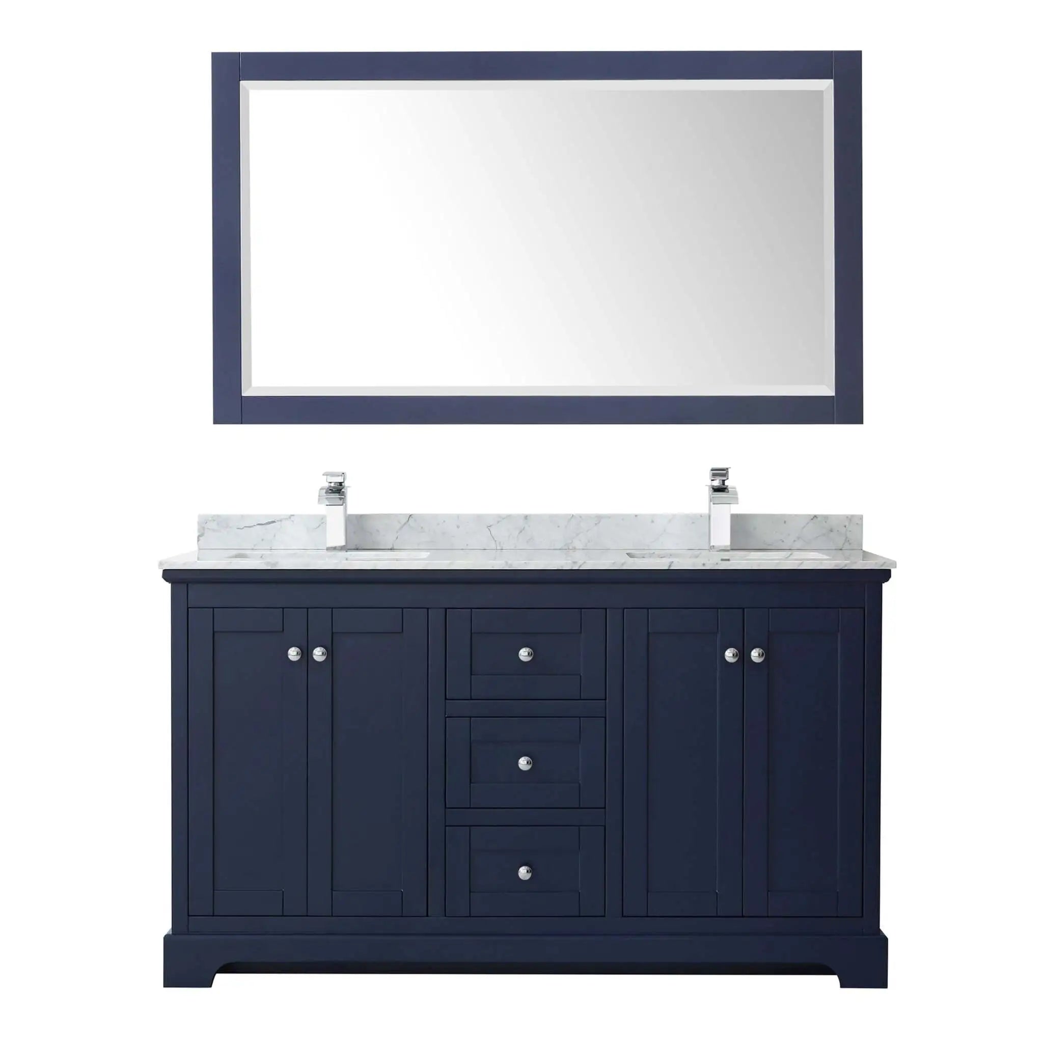 60" Avery Double Bathroom Vanity in Dark Blue with Polished Chrome Trim & 58" Mirror by Wyndham