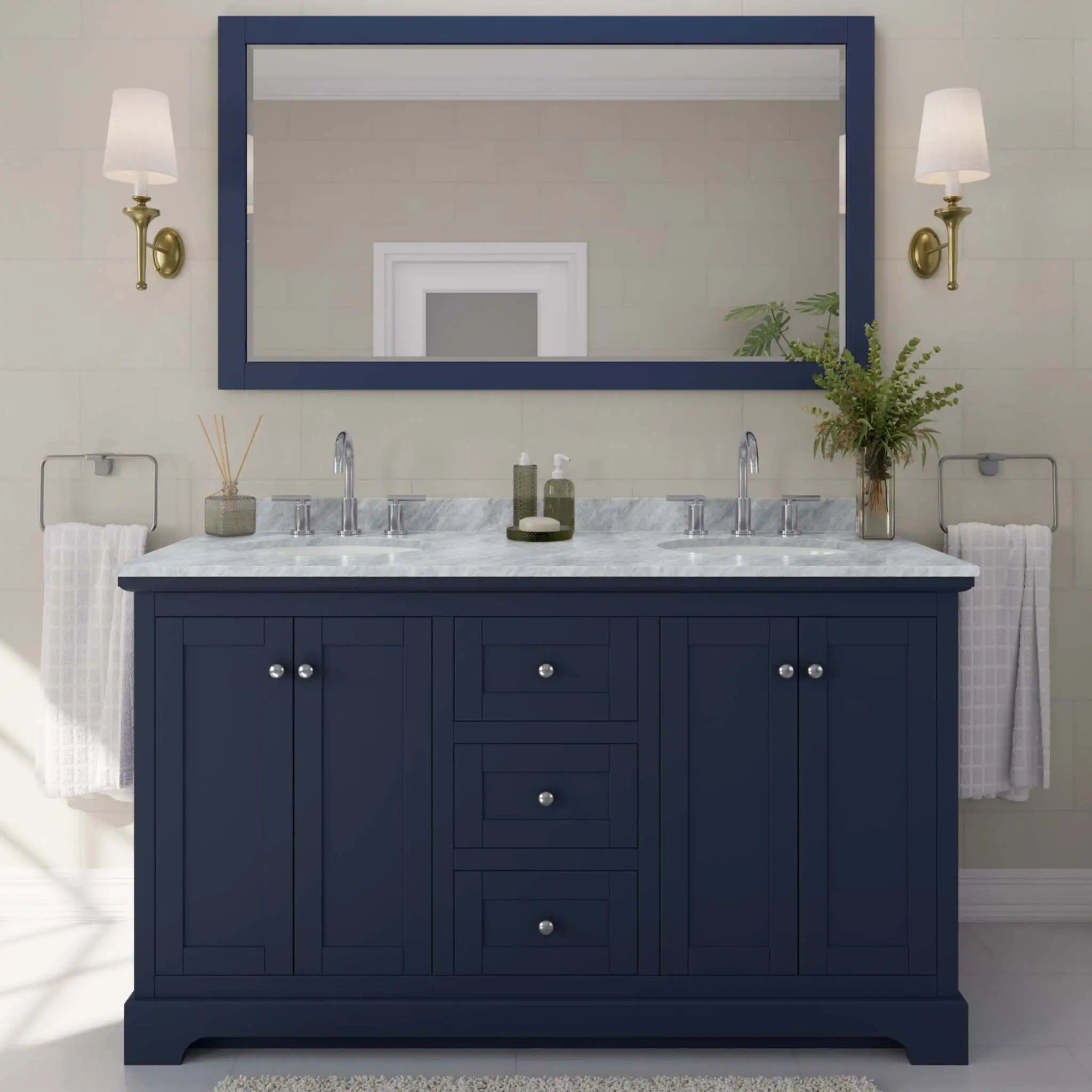 60" Avery Double Bathroom Vanity in Dark Blue with Polished Chrome Trim & 58" Mirror by Wyndham