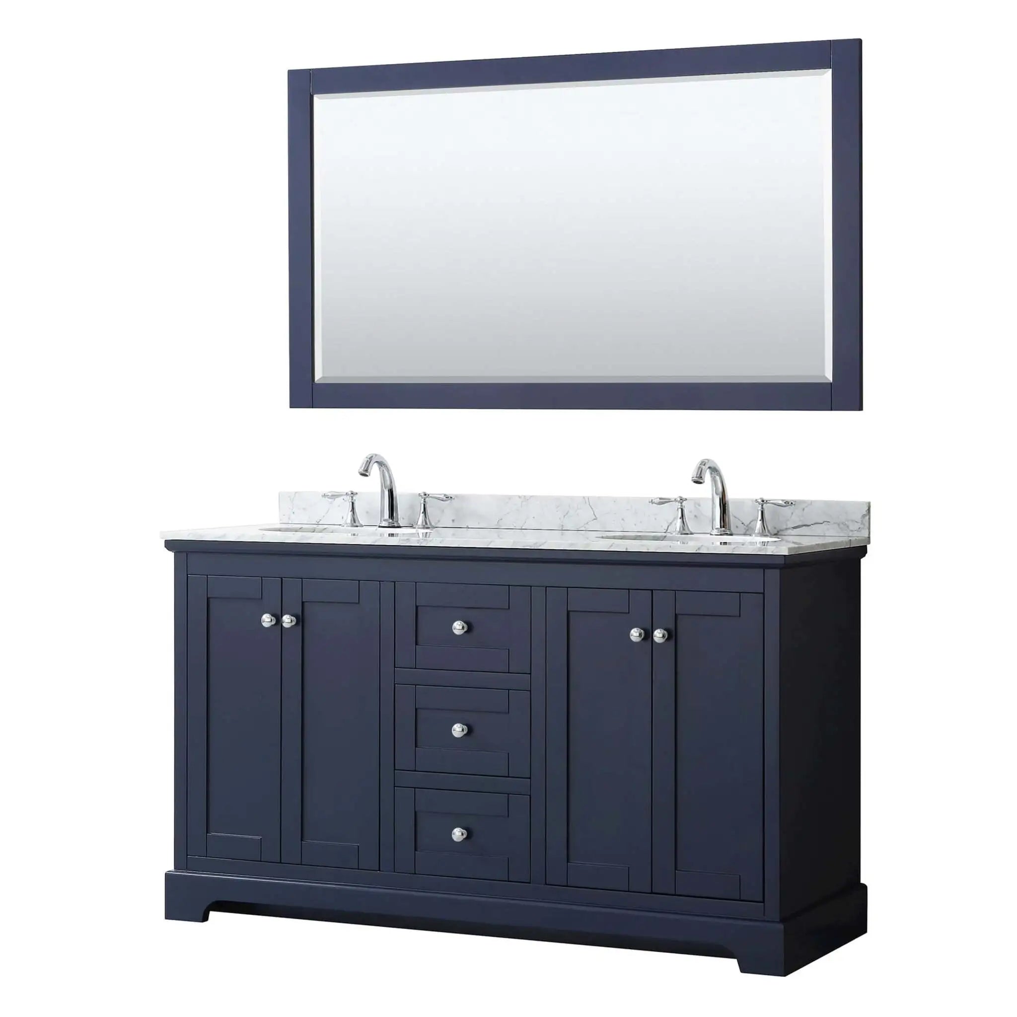 60" Avery Double Bathroom Vanity in Dark Blue with Polished Chrome Trim & 58" Mirror by Wyndham