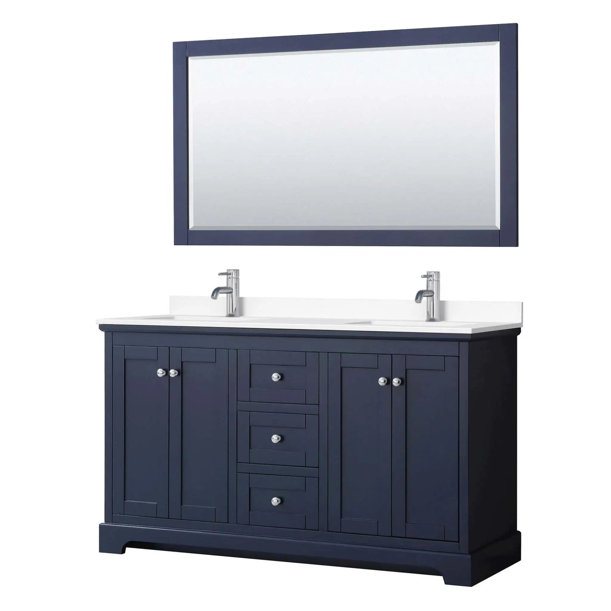 60" Avery Double Bathroom Vanity in Dark Blue with Polished Chrome Trim & 58" Mirror by Wyndham