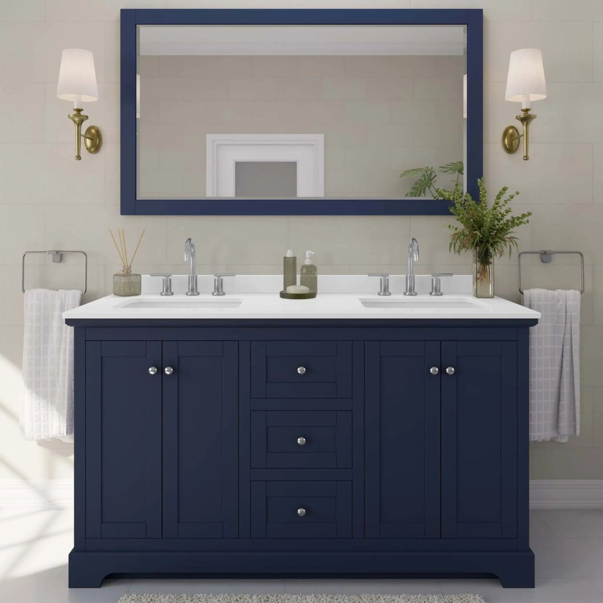 60" Avery Double Bathroom Vanity in Dark Blue with Polished Chrome Trim & 58" Mirror by Wyndham