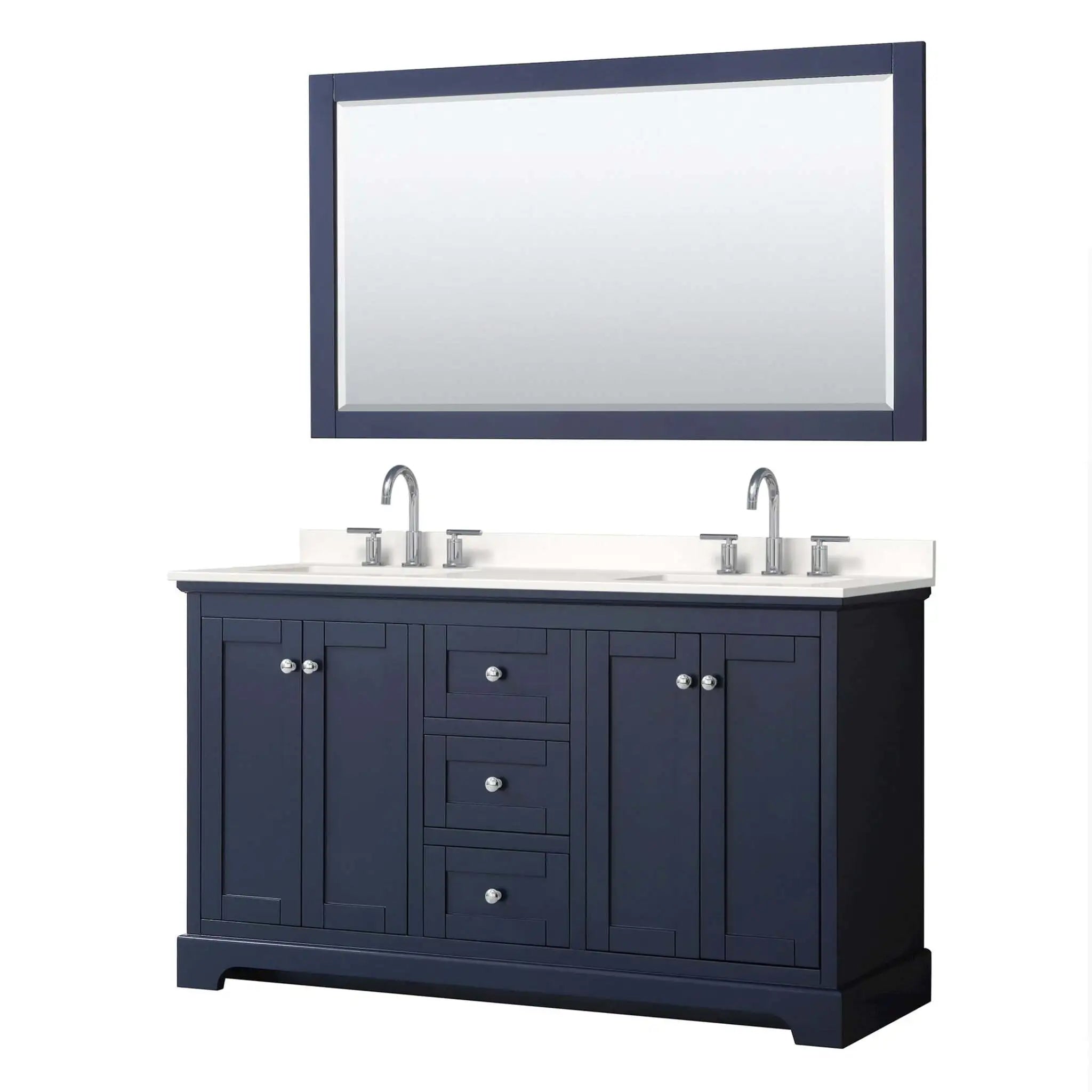 60" Avery Double Bathroom Vanity in Dark Blue with Polished Chrome Trim & 58" Mirror by Wyndham