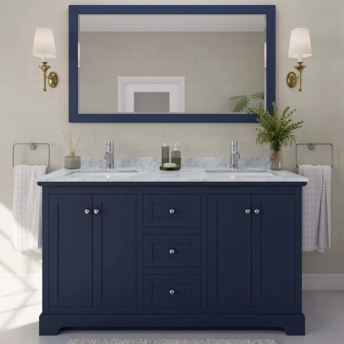 60" Avery Double Bathroom Vanity in Dark Blue with Polished Chrome Trim by Wyndham